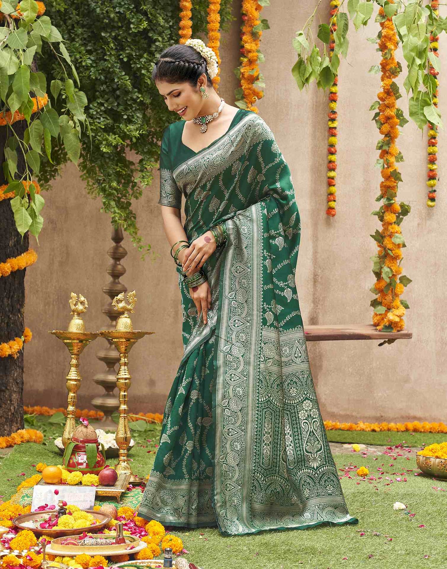 Dark Green Silk Woven Banarasi Saree