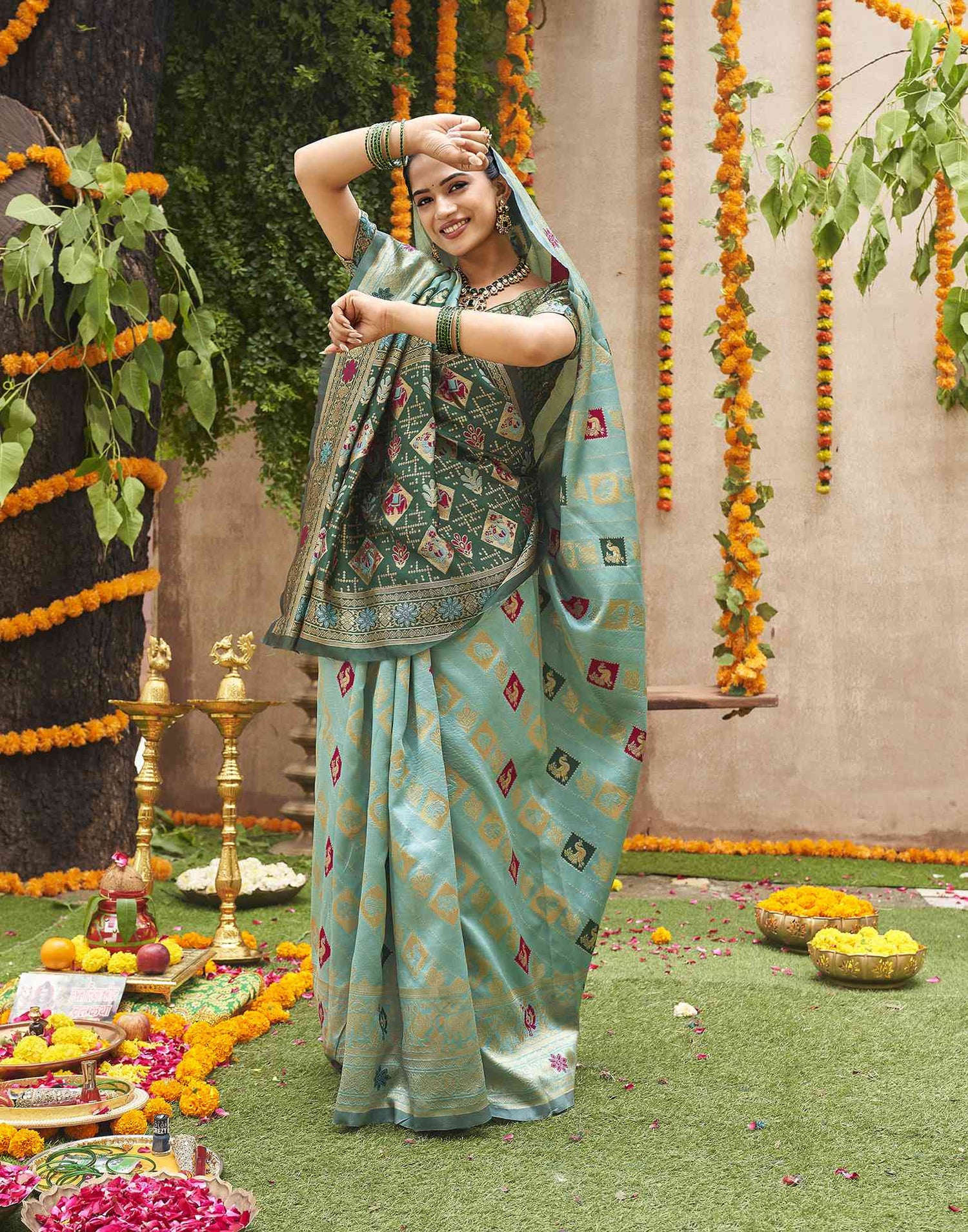 Teal Green Silk Woven Banarasi Saree