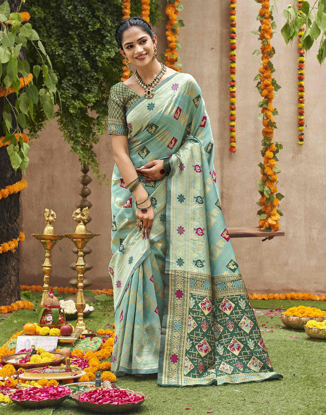 Teal Green Silk Woven Banarasi Saree