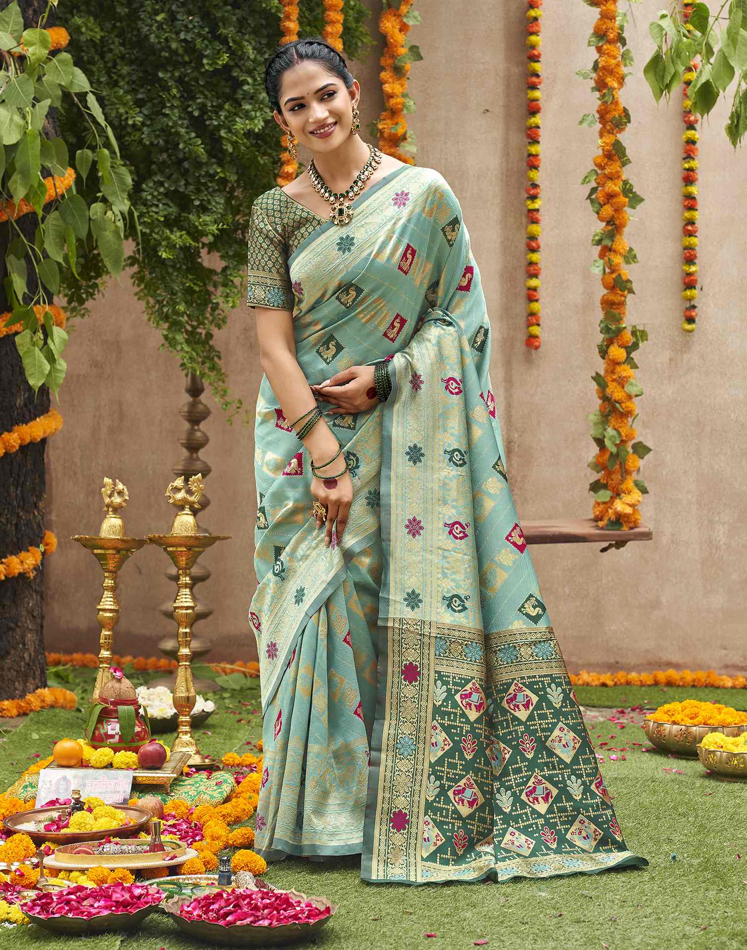Teal Green Silk Woven Banarasi Saree