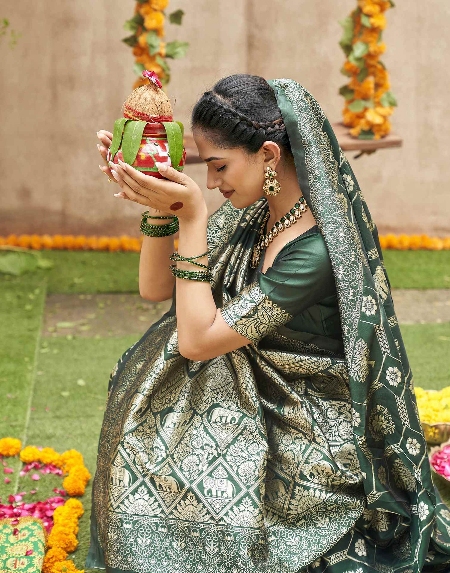 Dark Green Silk Woven Banarasi Saree