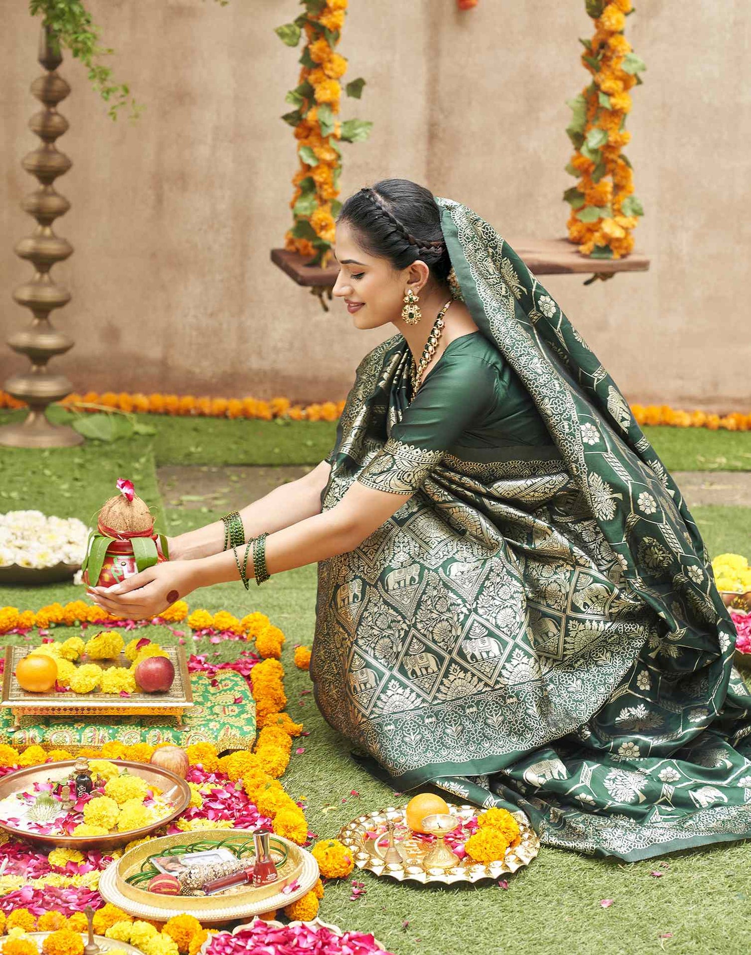 Dark Green Silk Woven Banarasi Saree