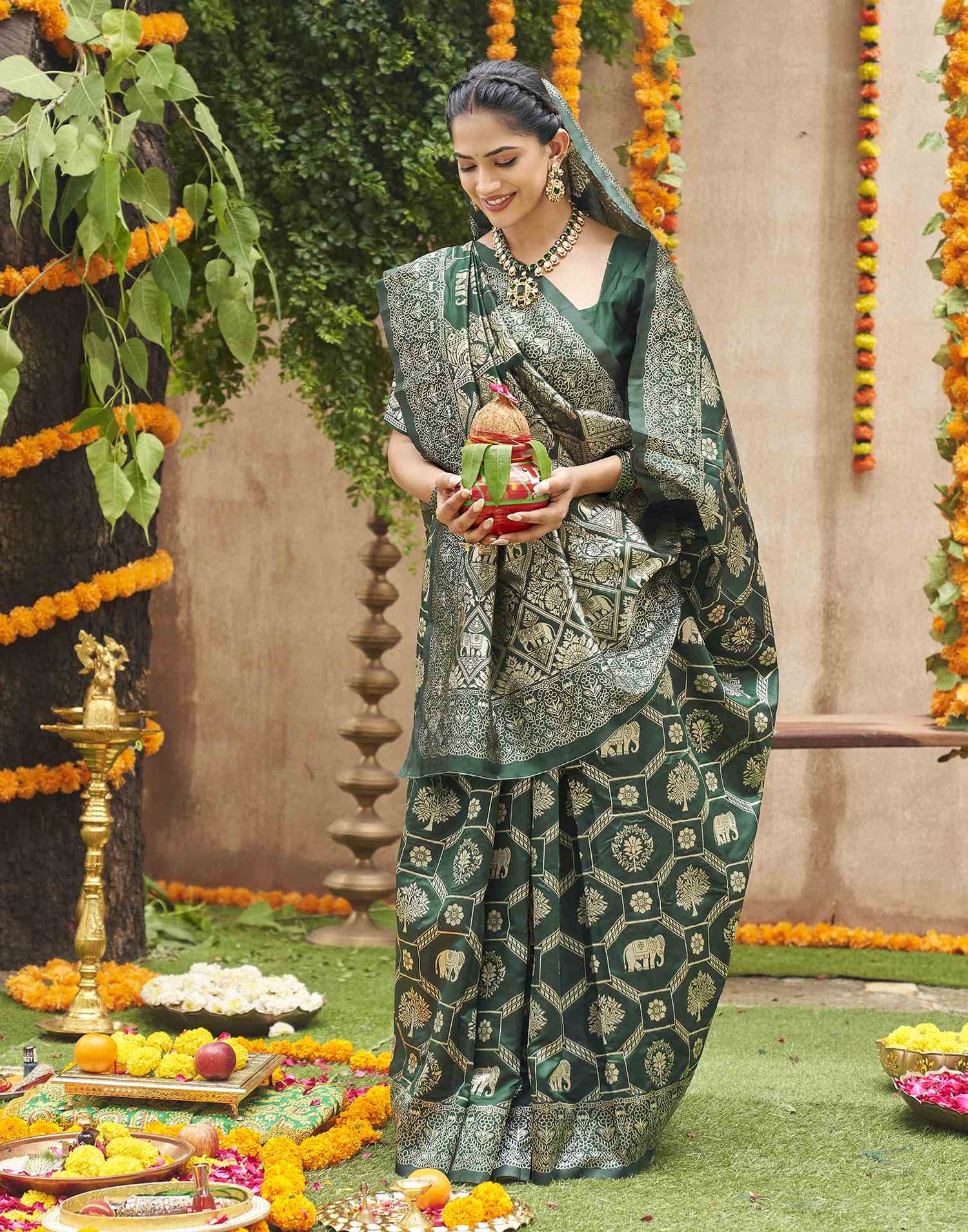 Dark Green Silk Woven Banarasi Saree