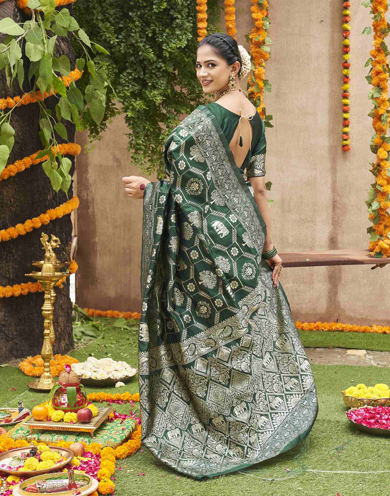 Dark Green Silk Woven Banarasi Saree
