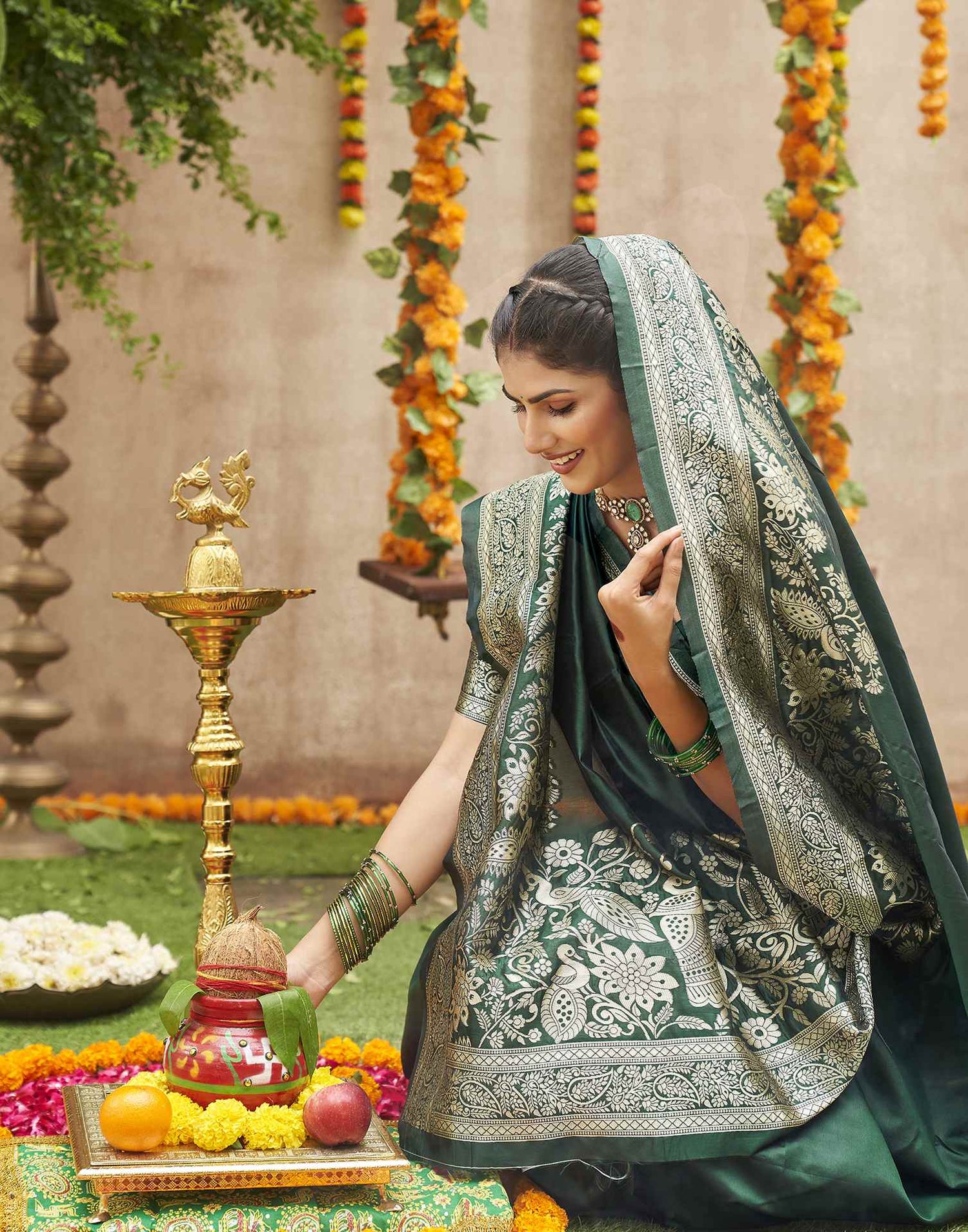 Dark Green Silk Woven Banarasi Saree