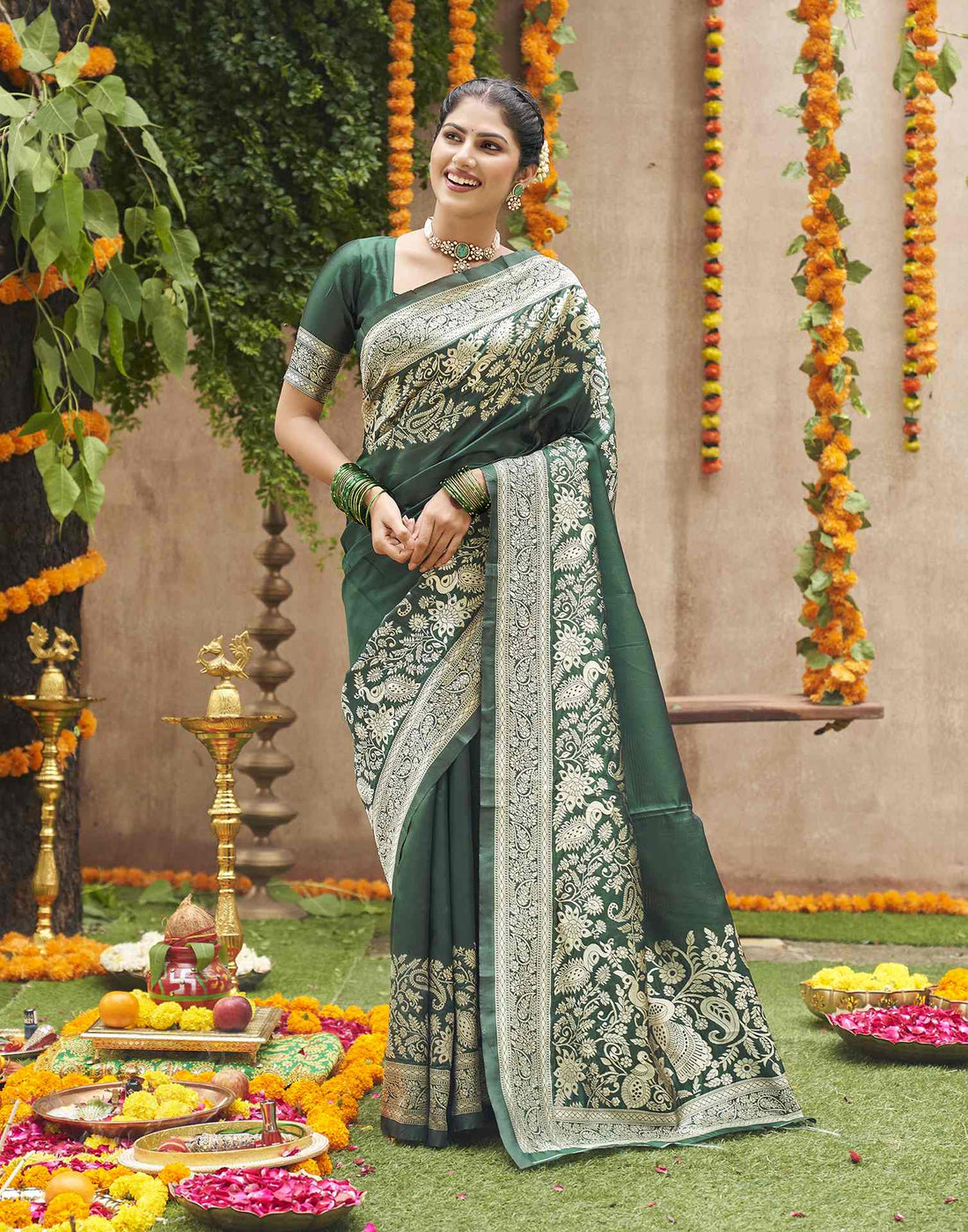 Dark Green Silk Woven Banarasi Saree