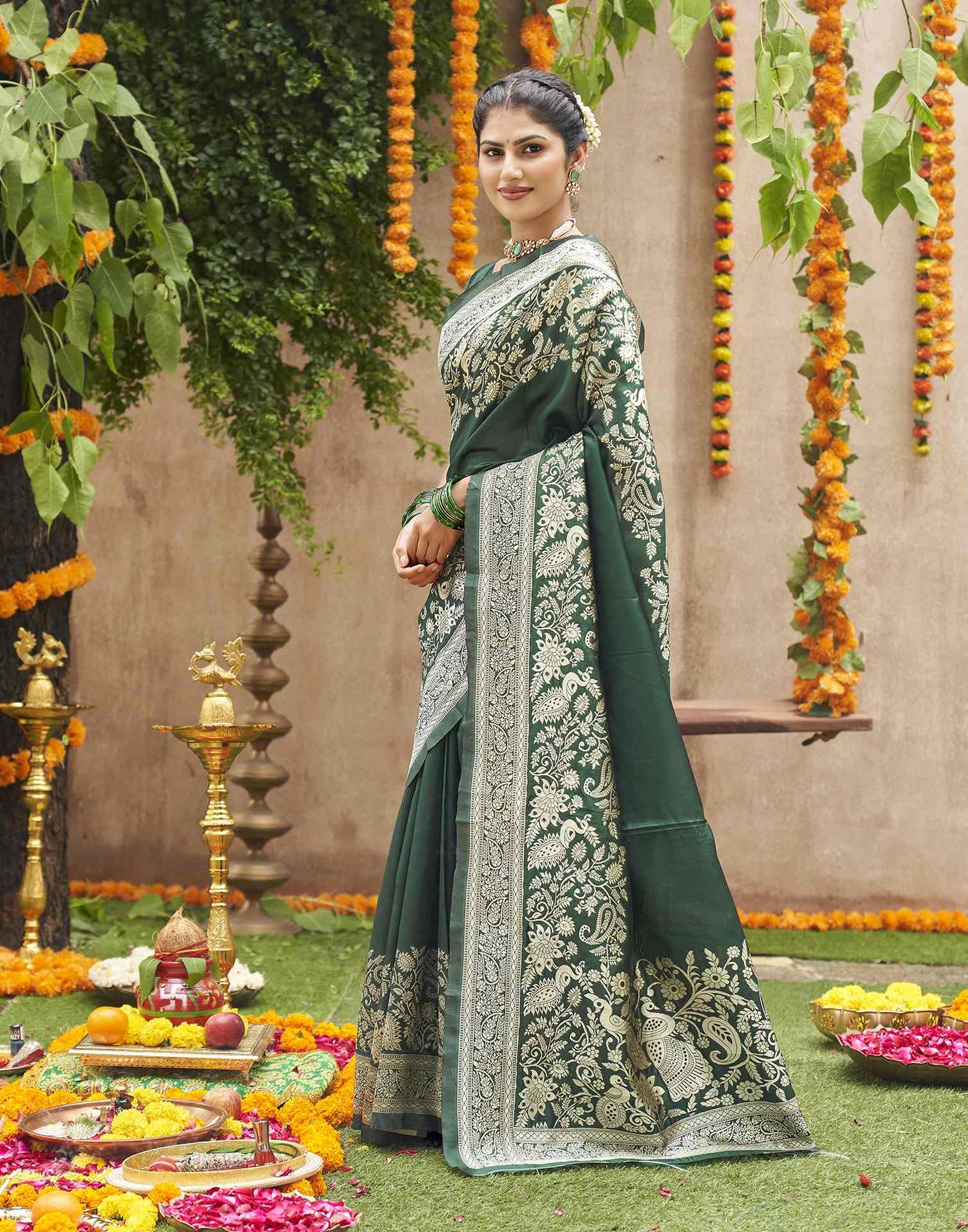 Dark Green Silk Woven Banarasi Saree