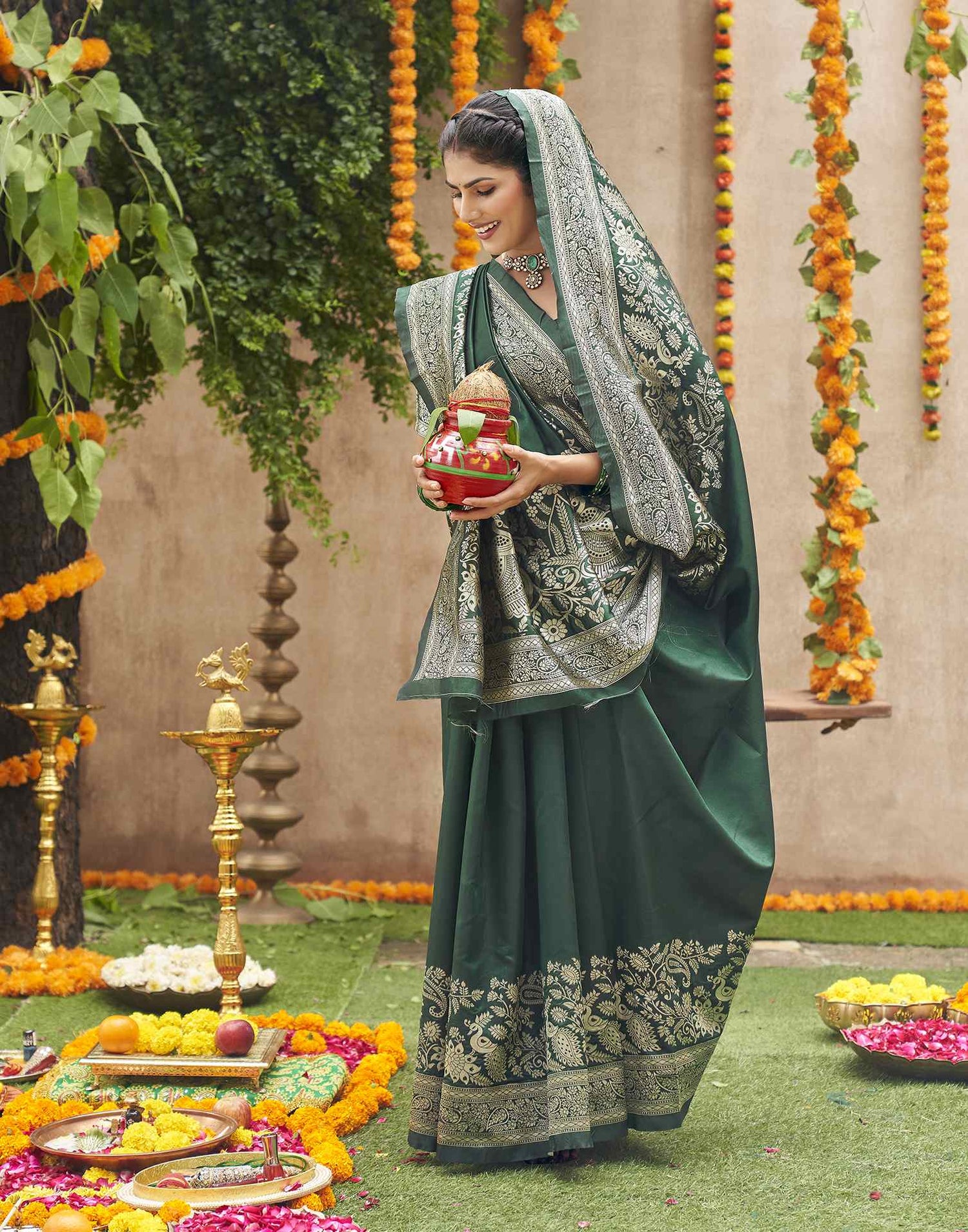 Dark Green Silk Woven Banarasi Saree