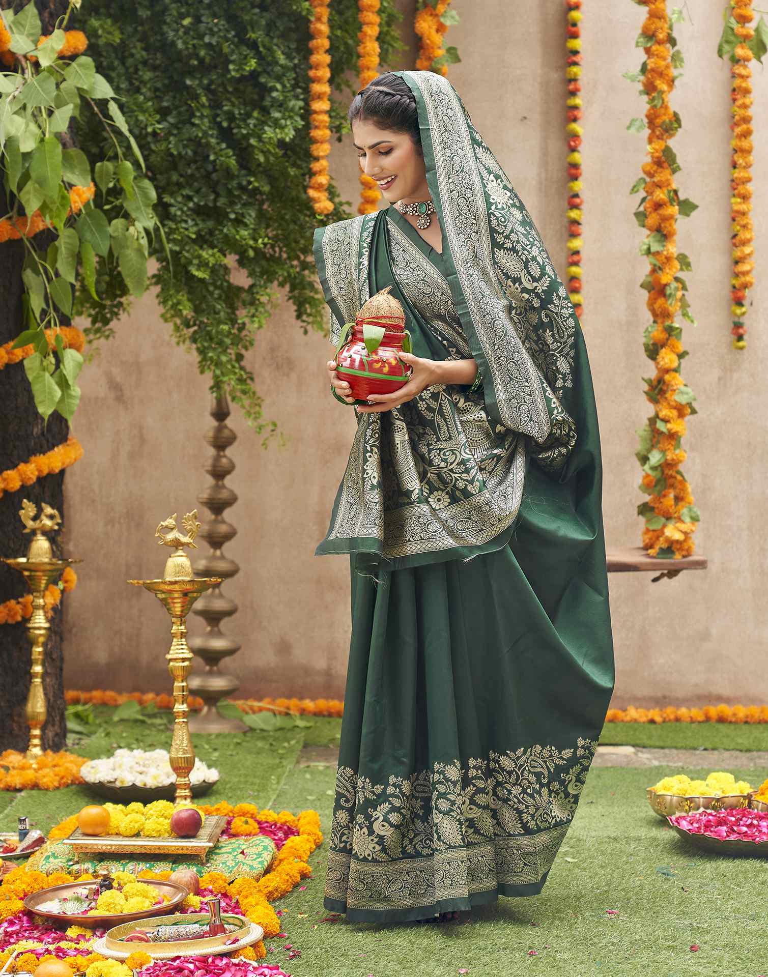 Dark Green Silk Woven Banarasi Saree