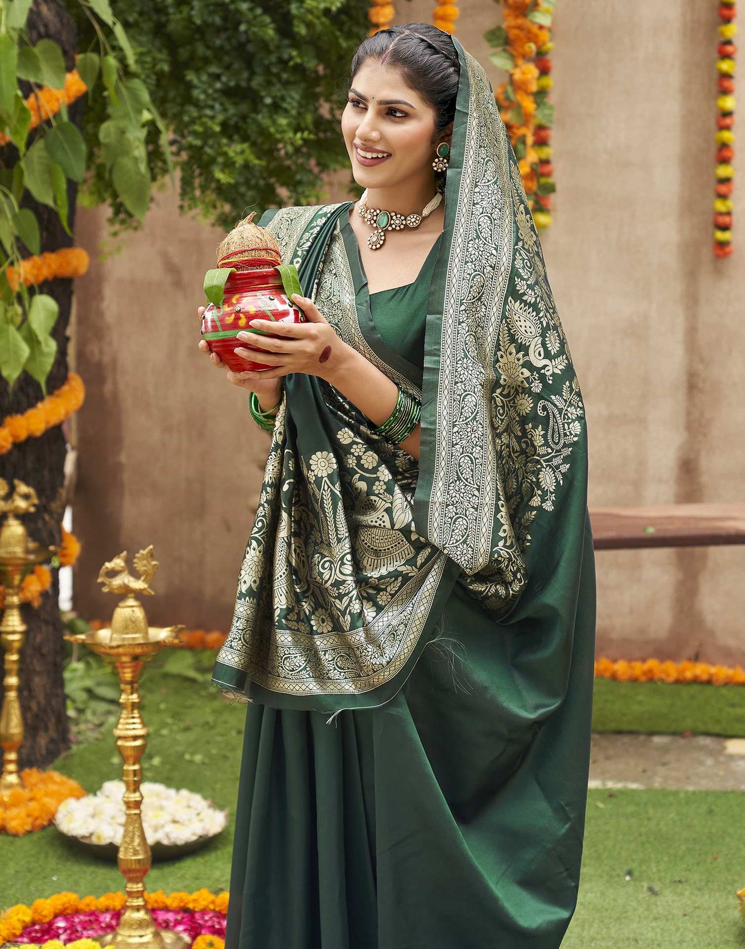 Dark Green Silk Woven Banarasi Saree