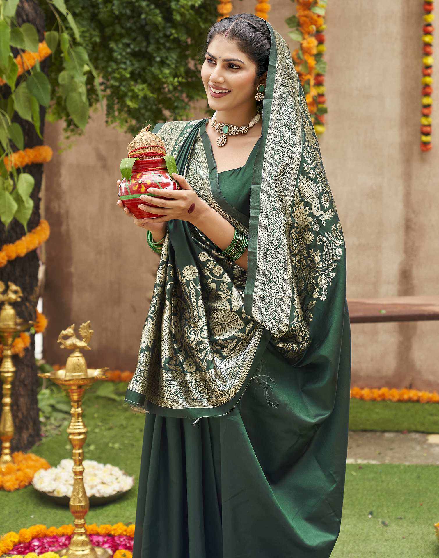 Dark Green Silk Woven Banarasi Saree