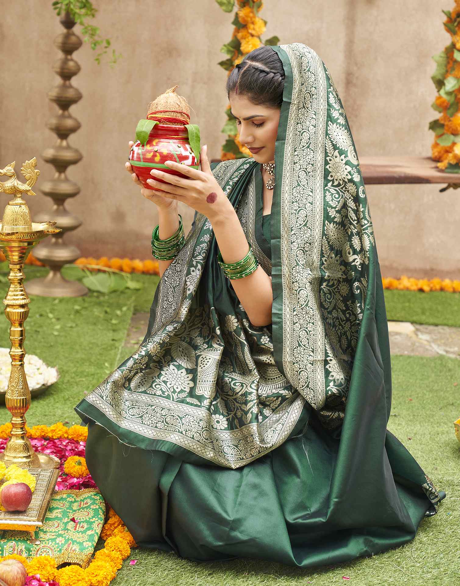 Dark Green Silk Woven Banarasi Saree