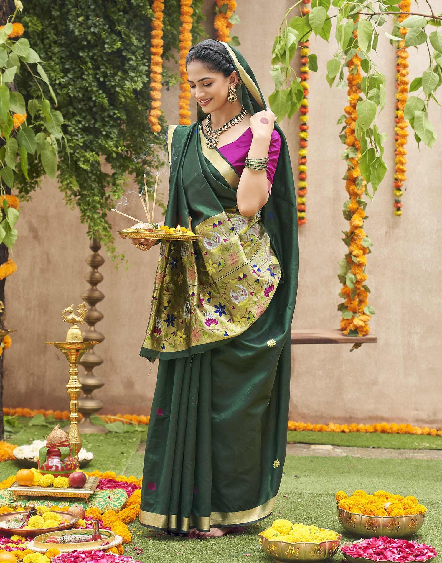 Dark Green Silk Woven Banarasi Saree