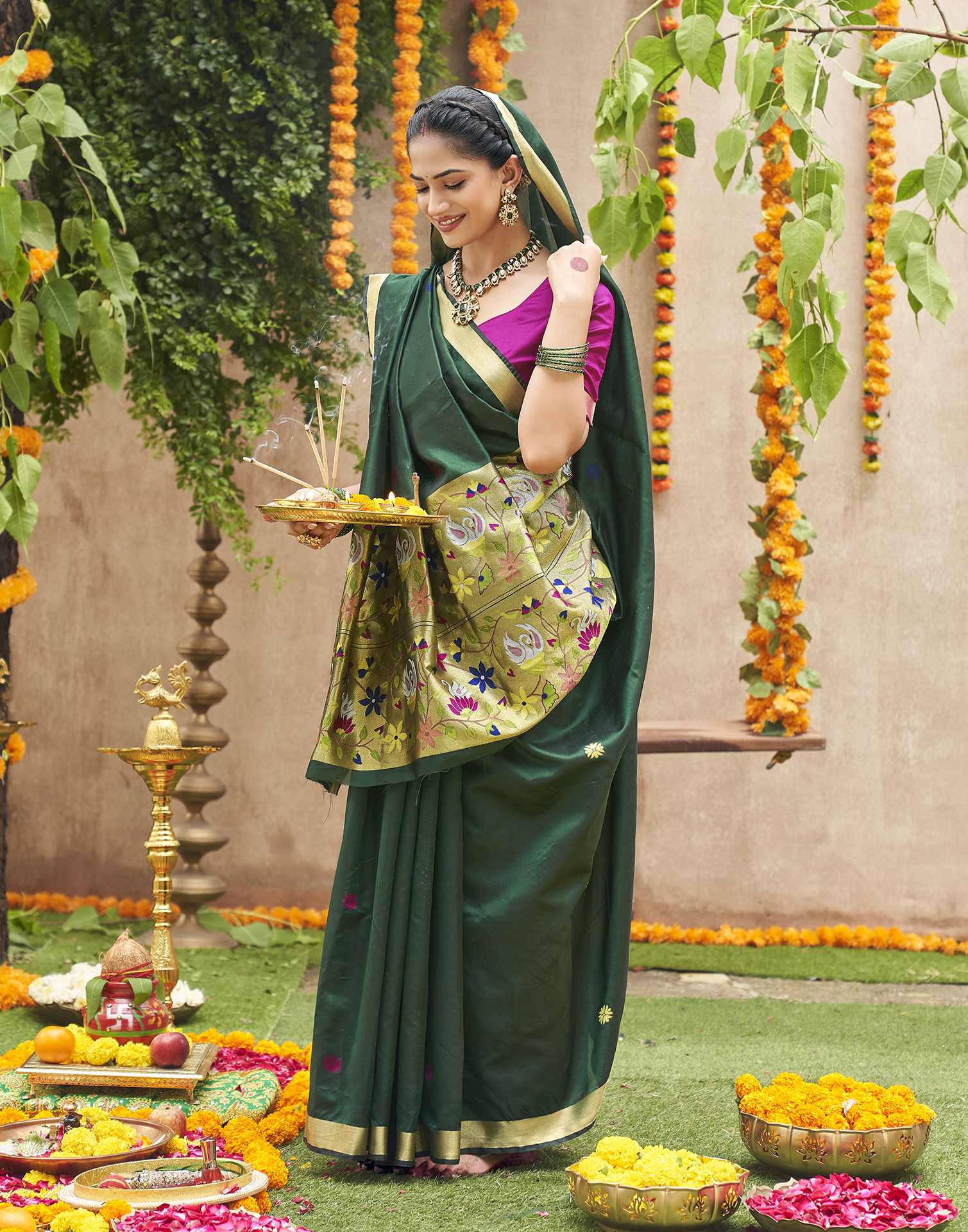 Dark Green Silk Woven Banarasi Saree