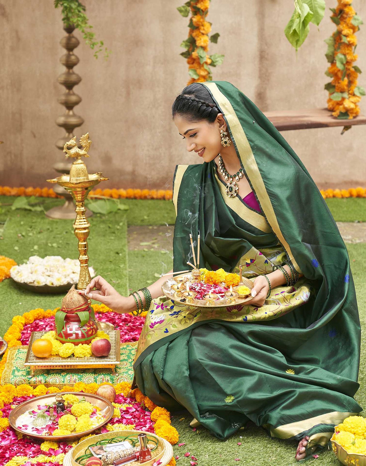 Dark Green Silk Woven Banarasi Saree