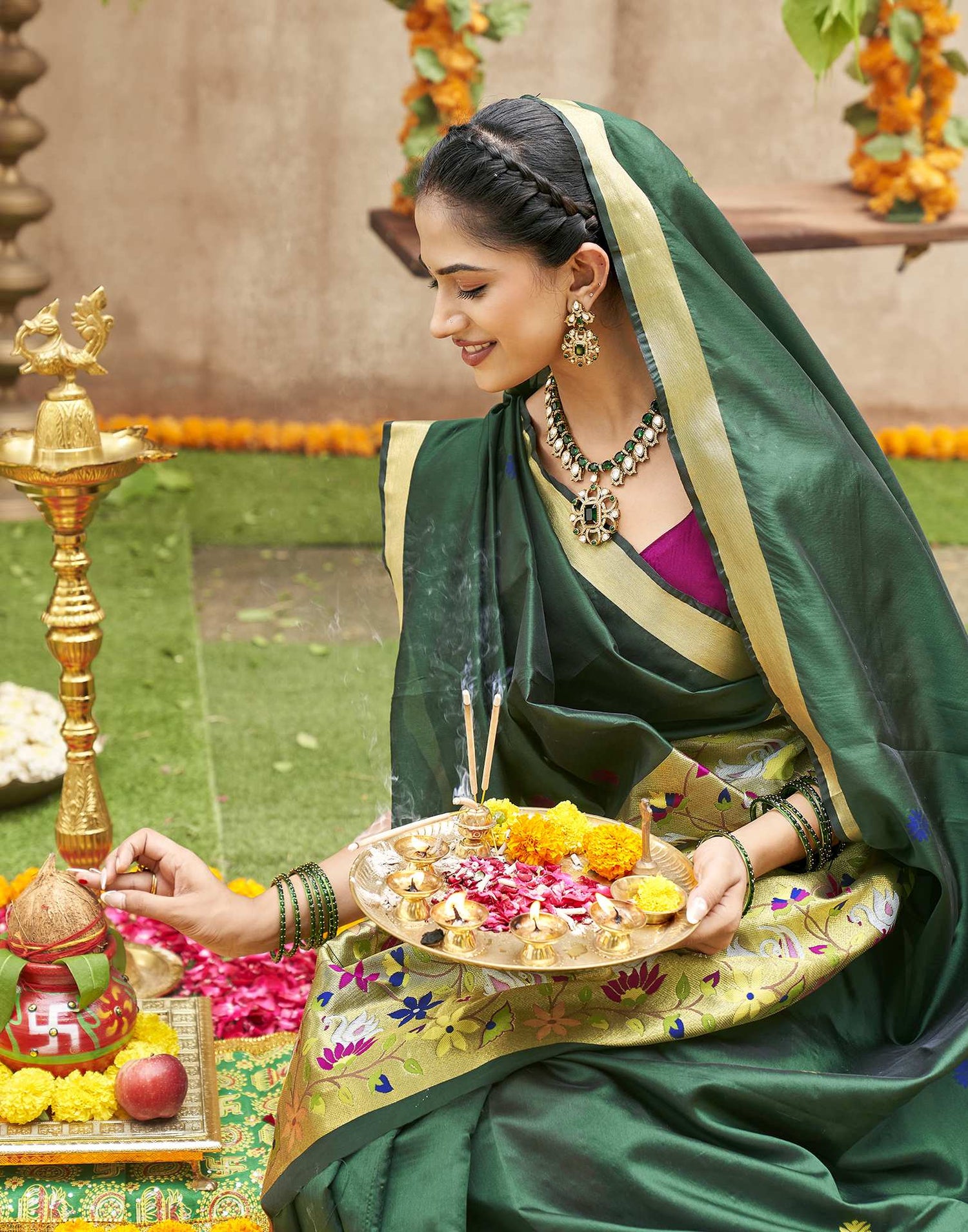 Dark Green Silk Woven Banarasi Saree