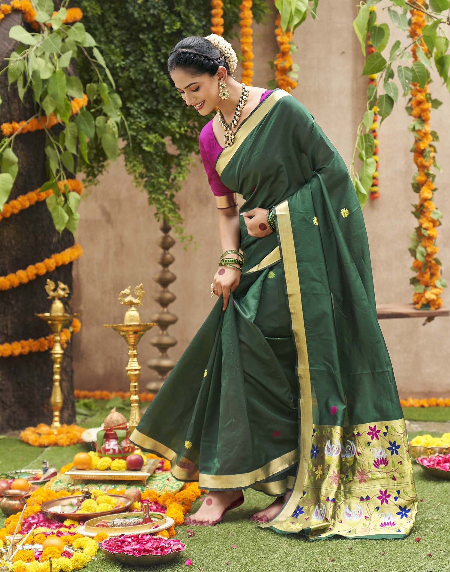 Dark Green Silk Woven Banarasi Saree