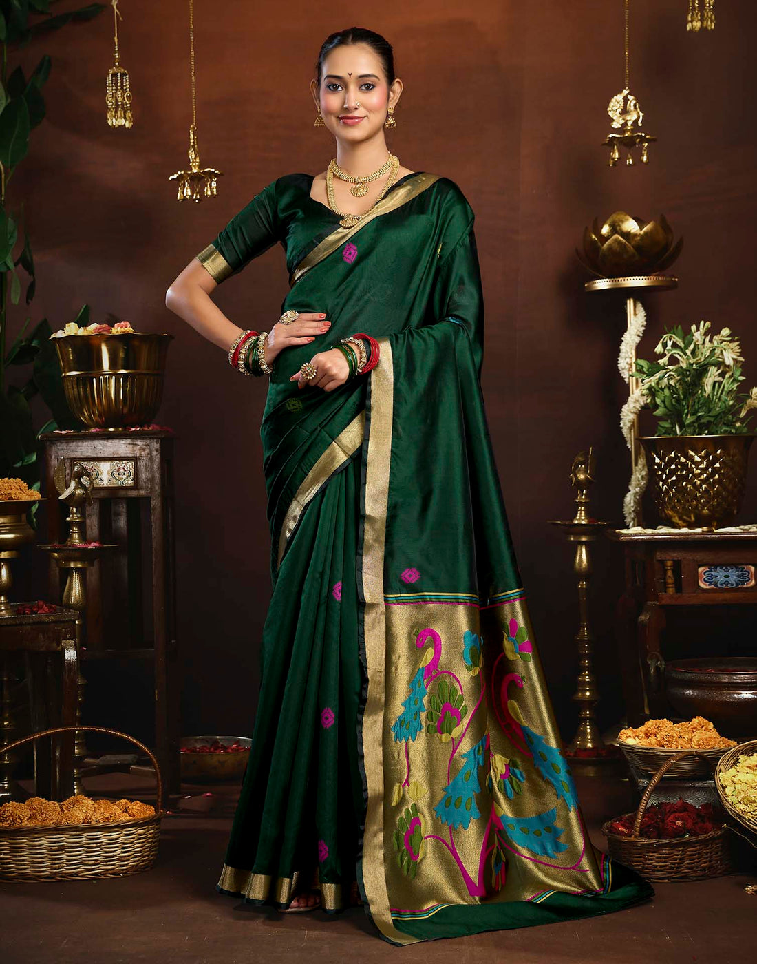 Dark Green Silk Woven Paithani Saree