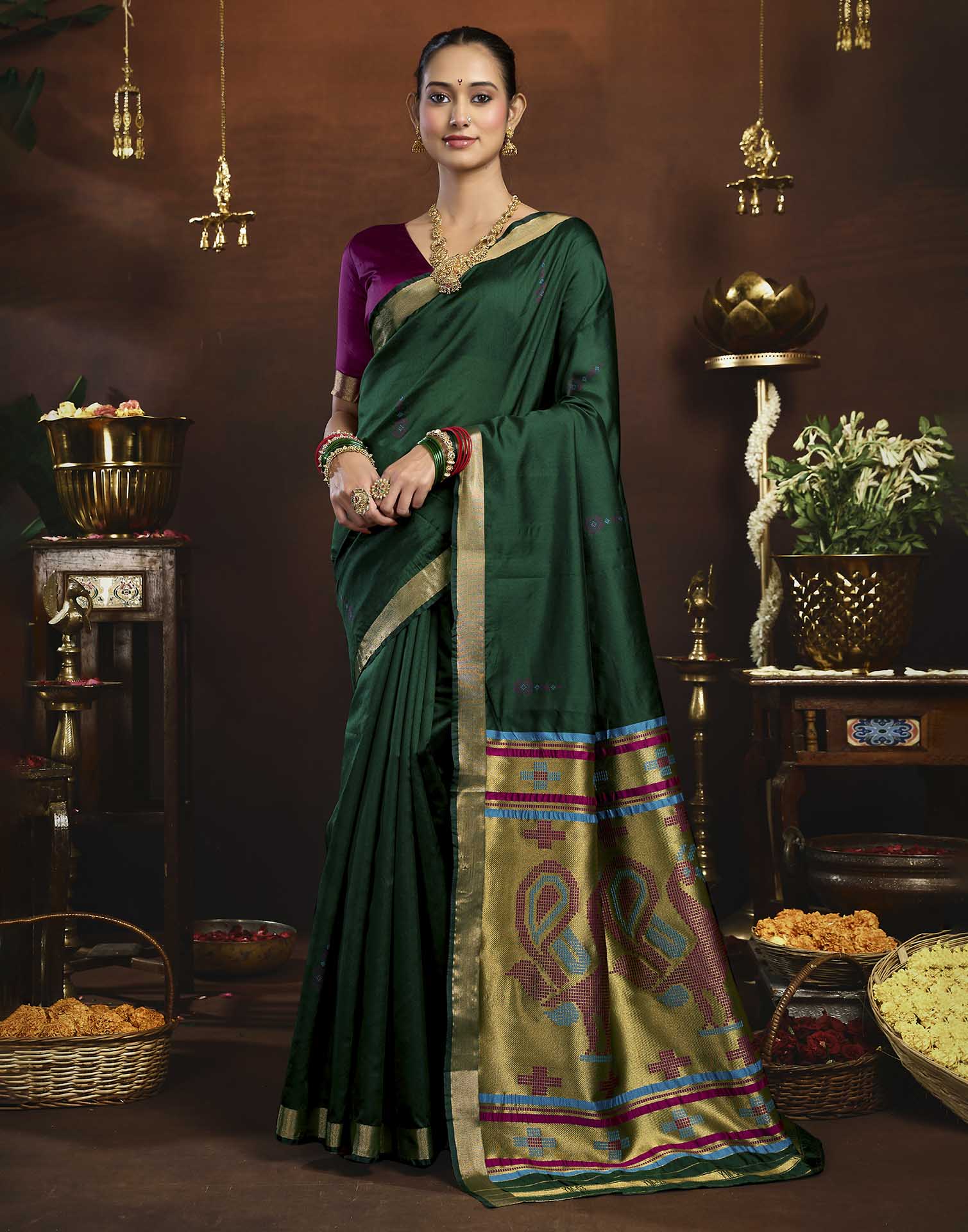 Dark Green Silk Woven Paithani Saree