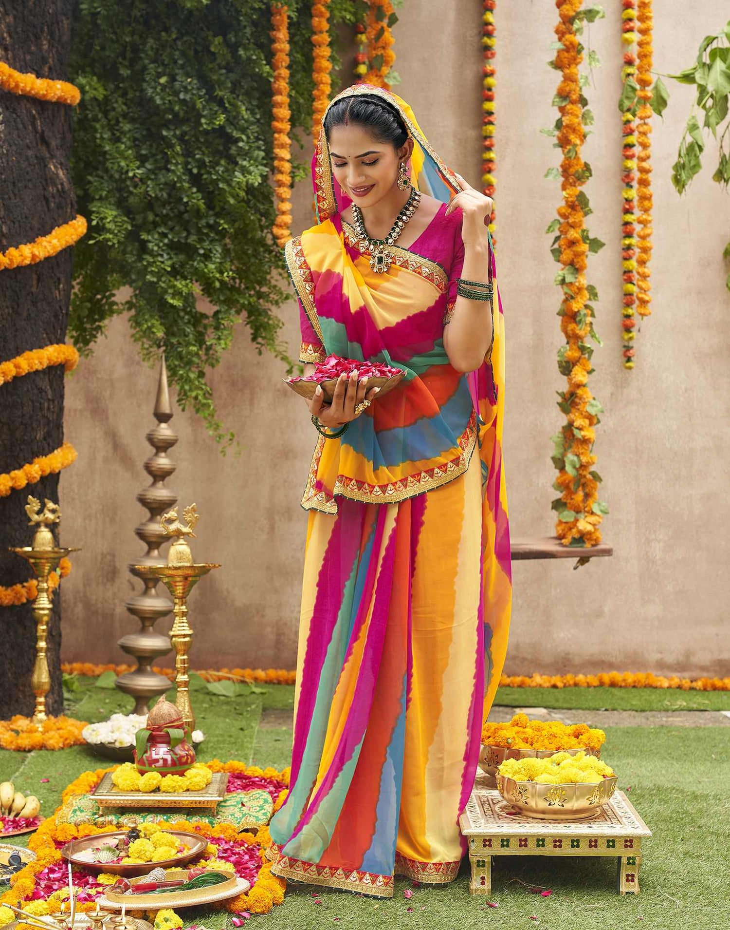 Multicoloured Georgette Printed Bandhani Saree