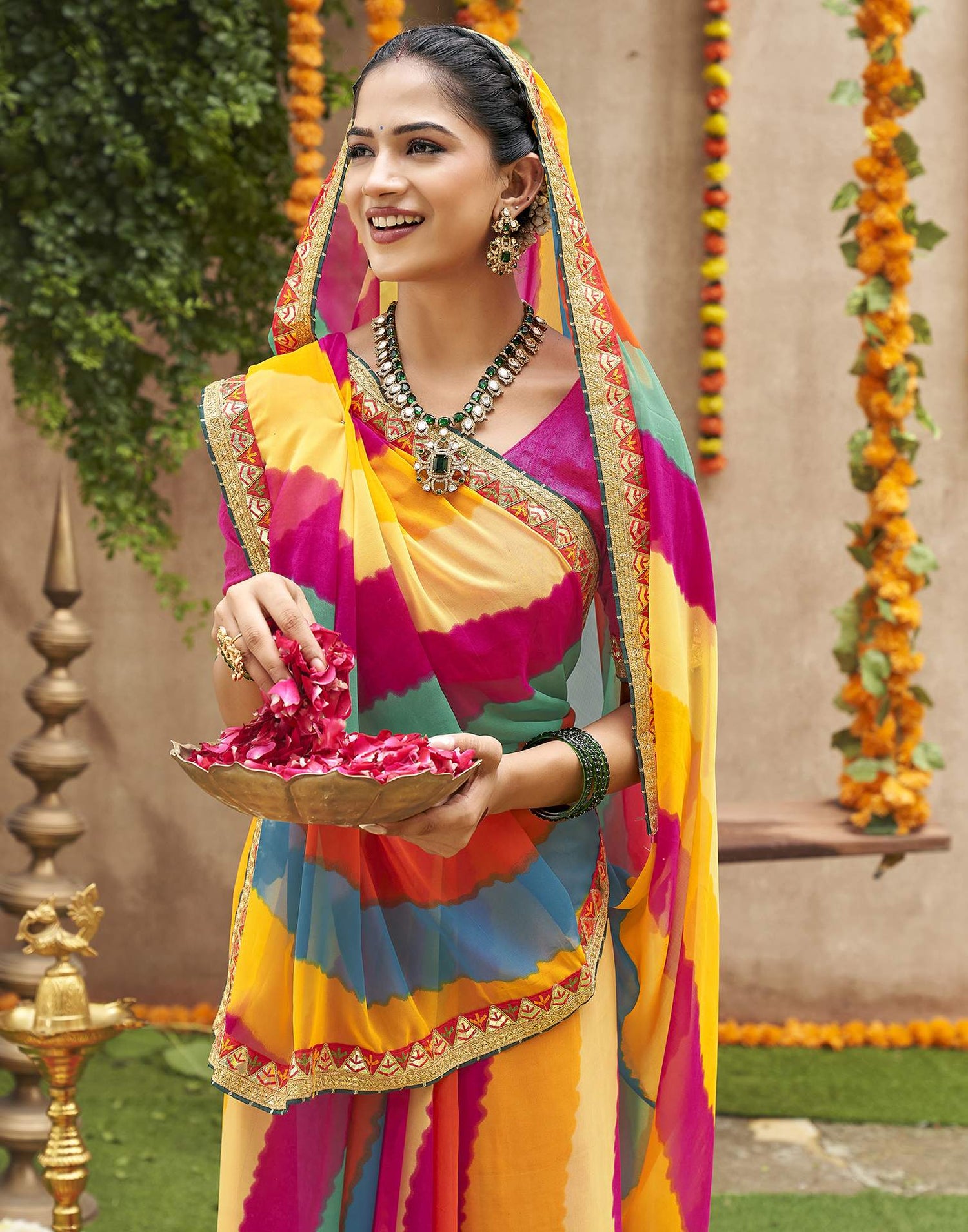 Multicoloured Georgette Printed Bandhani Saree