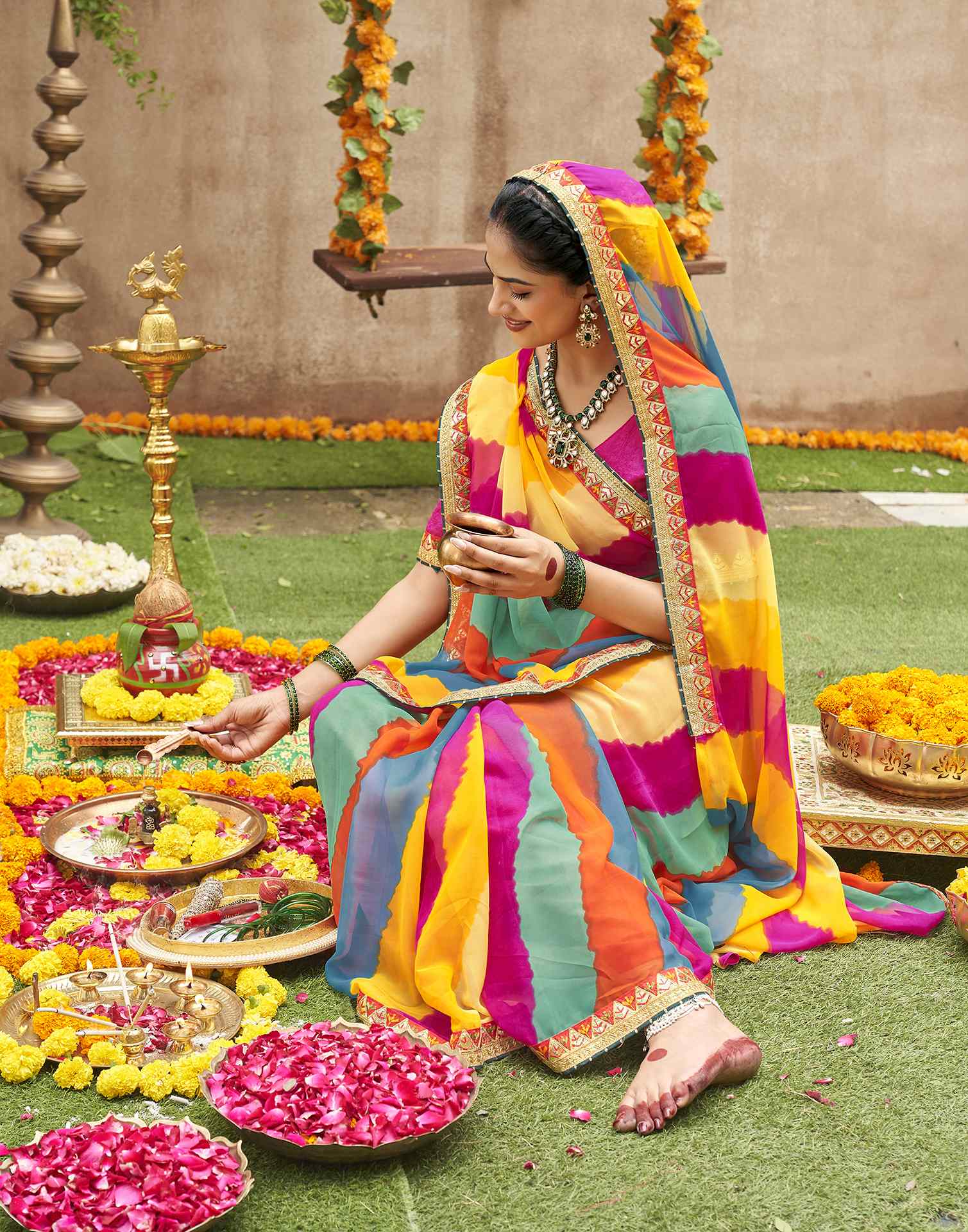 Multicoloured Georgette Printed Bandhani Saree