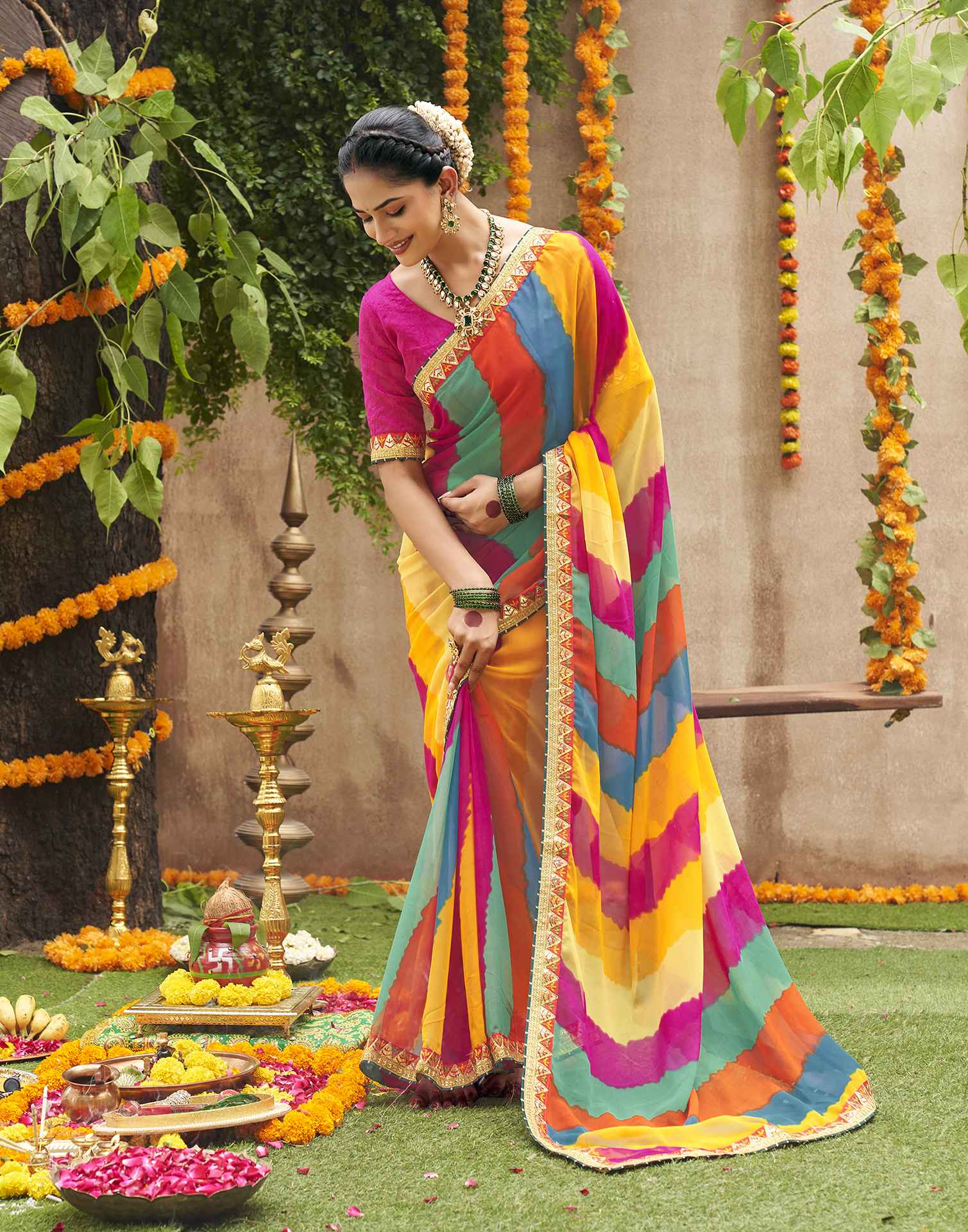 Multicoloured Georgette Printed Bandhani Saree