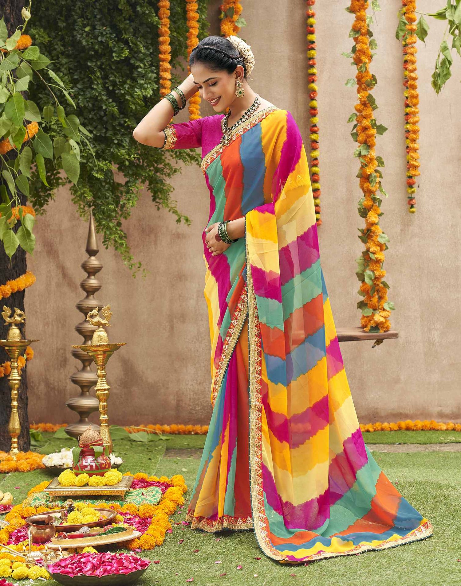 Multicoloured Georgette Printed Bandhani Saree