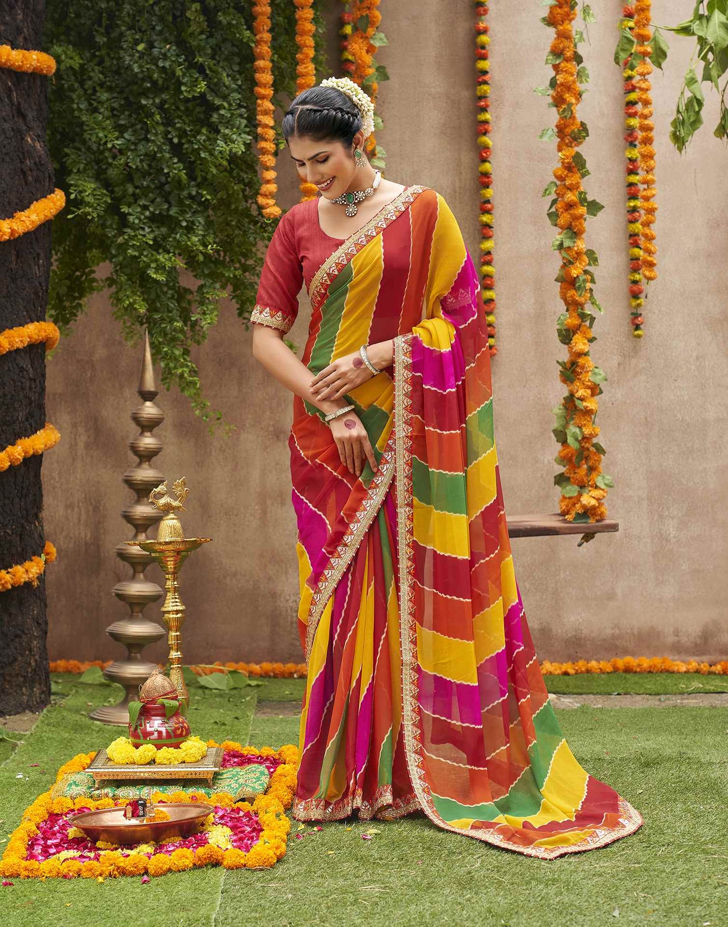 Multicoloured Georgette Printed Bandhani Saree
