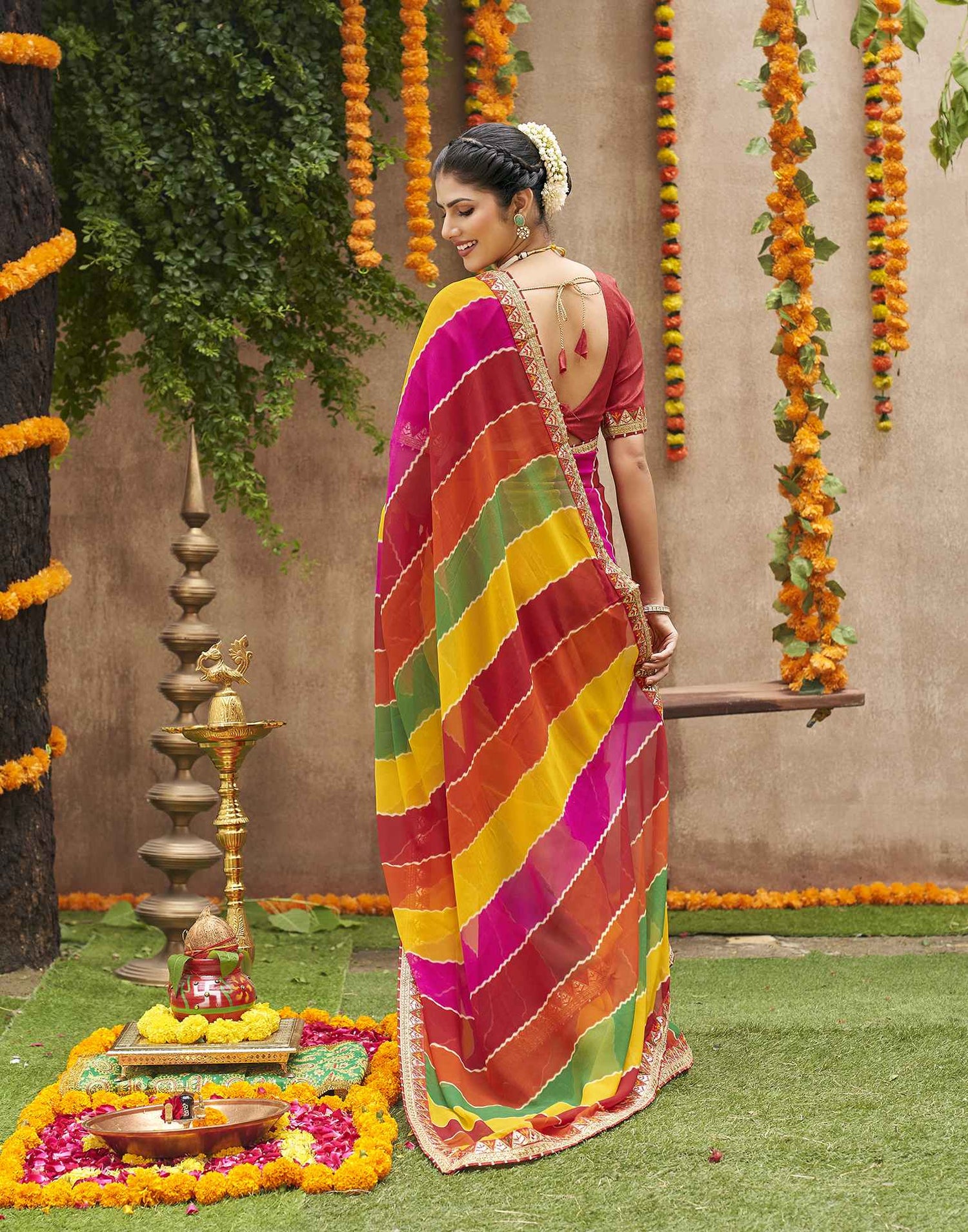 Multicoloured Georgette Printed Bandhani Saree