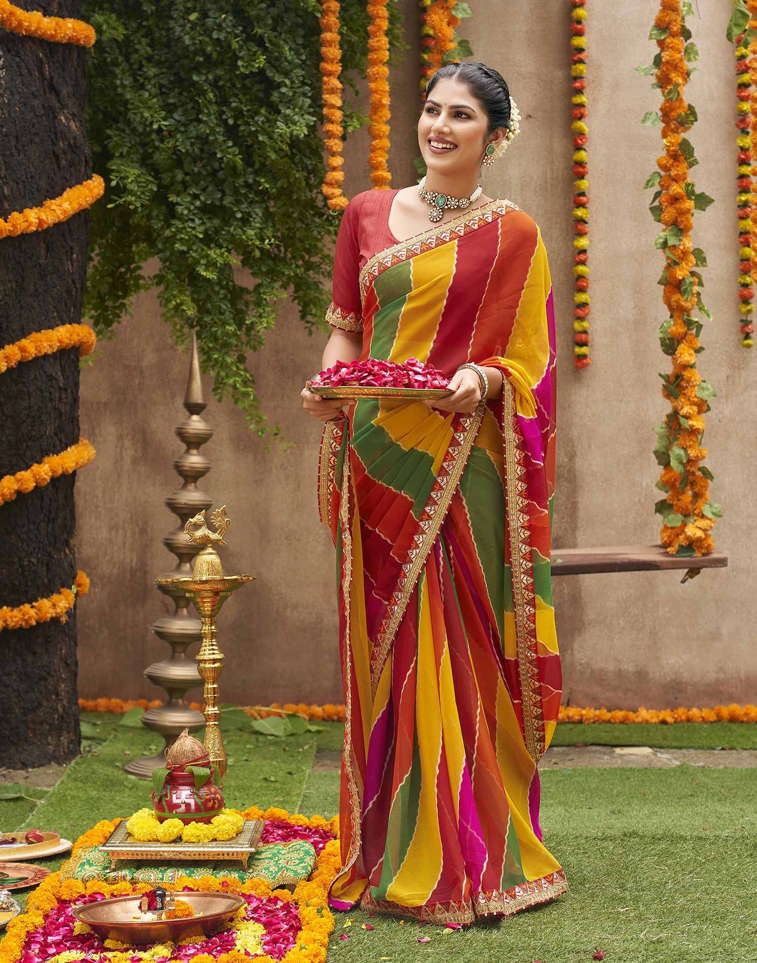 Multicoloured Georgette Printed Bandhani Saree