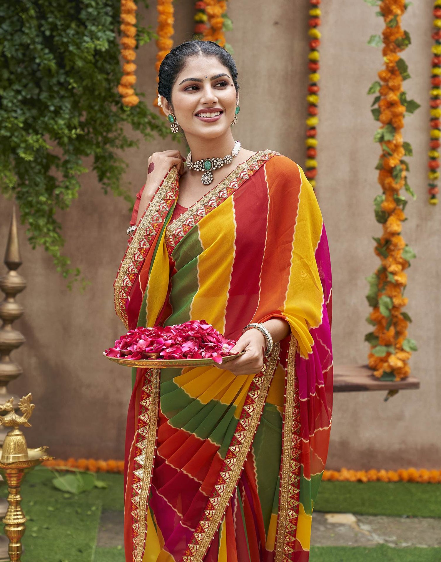 Multicoloured Georgette Printed Bandhani Saree