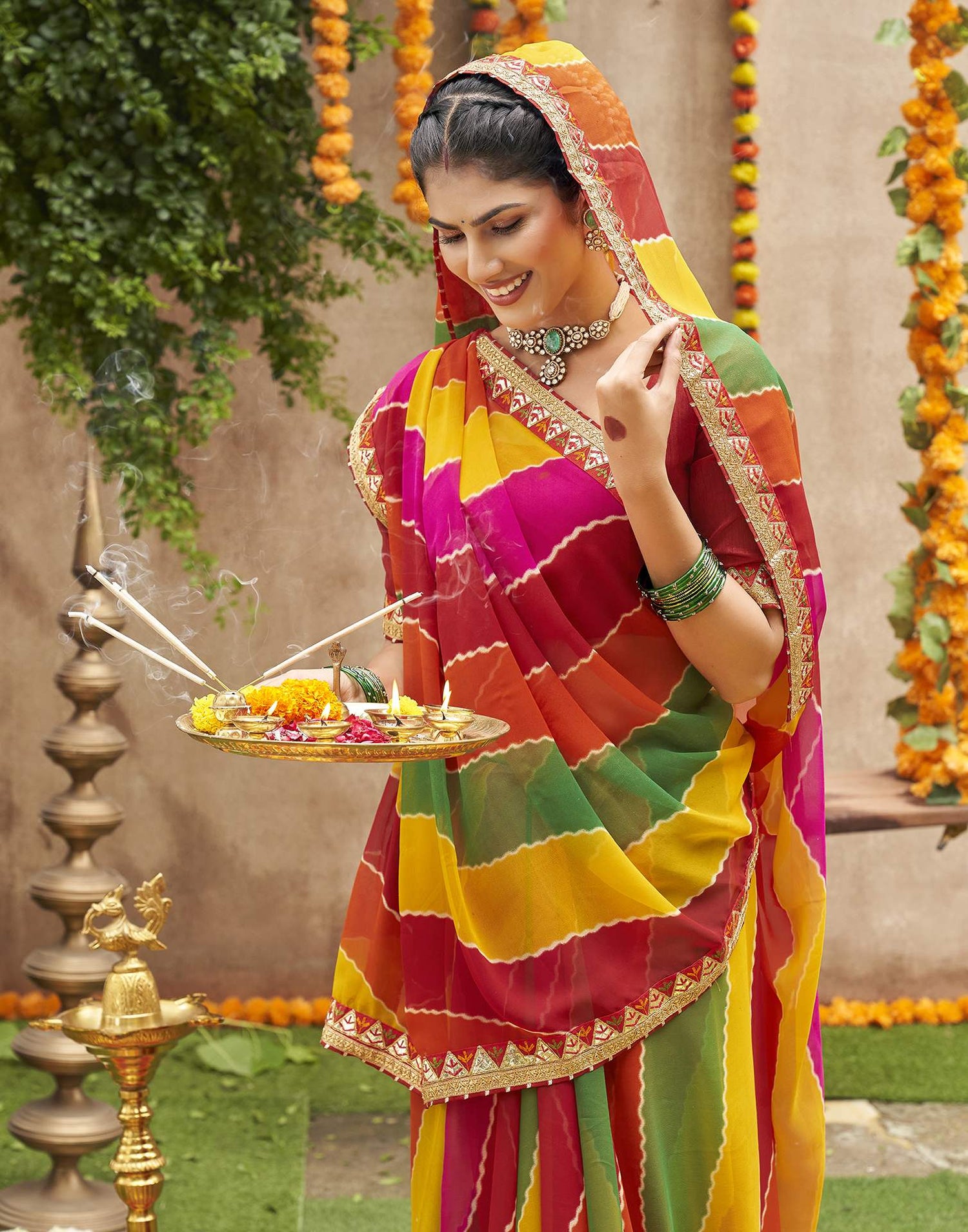 Multicoloured Georgette Printed Bandhani Saree