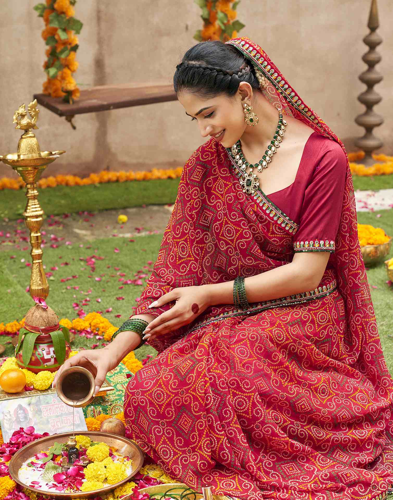 Maroon Georgette Printed Bandhani Saree