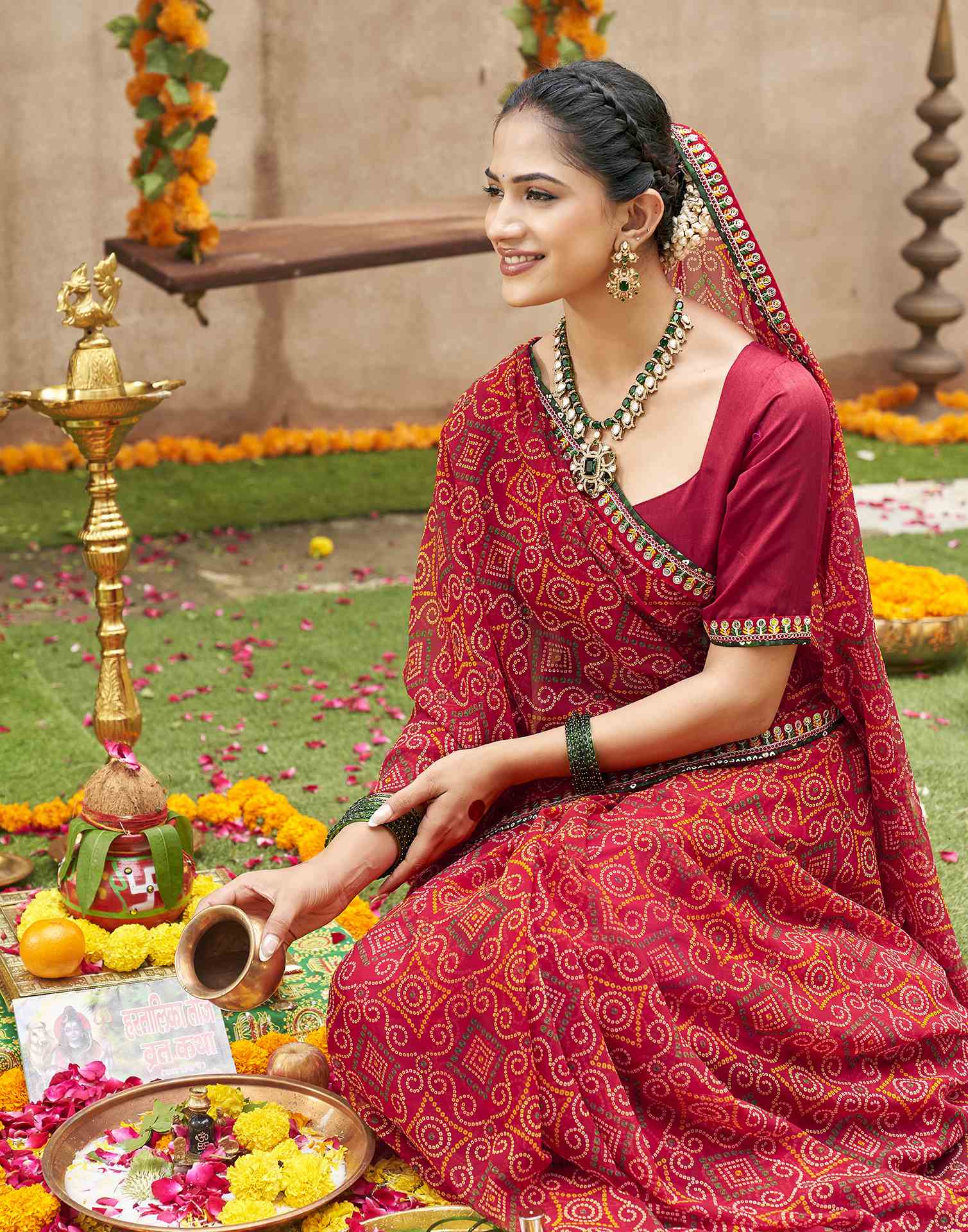 Maroon Georgette Printed Bandhani Saree
