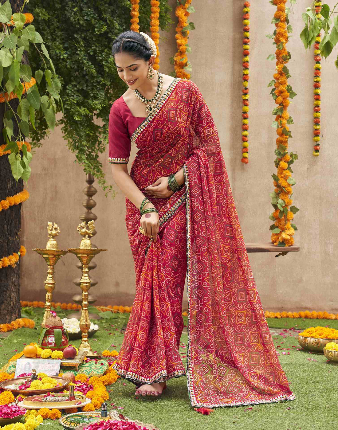 Maroon Georgette Printed Bandhani Saree