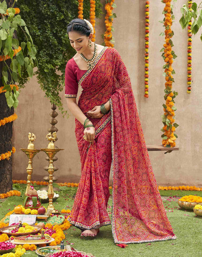 Maroon Georgette Printed Bandhani Saree