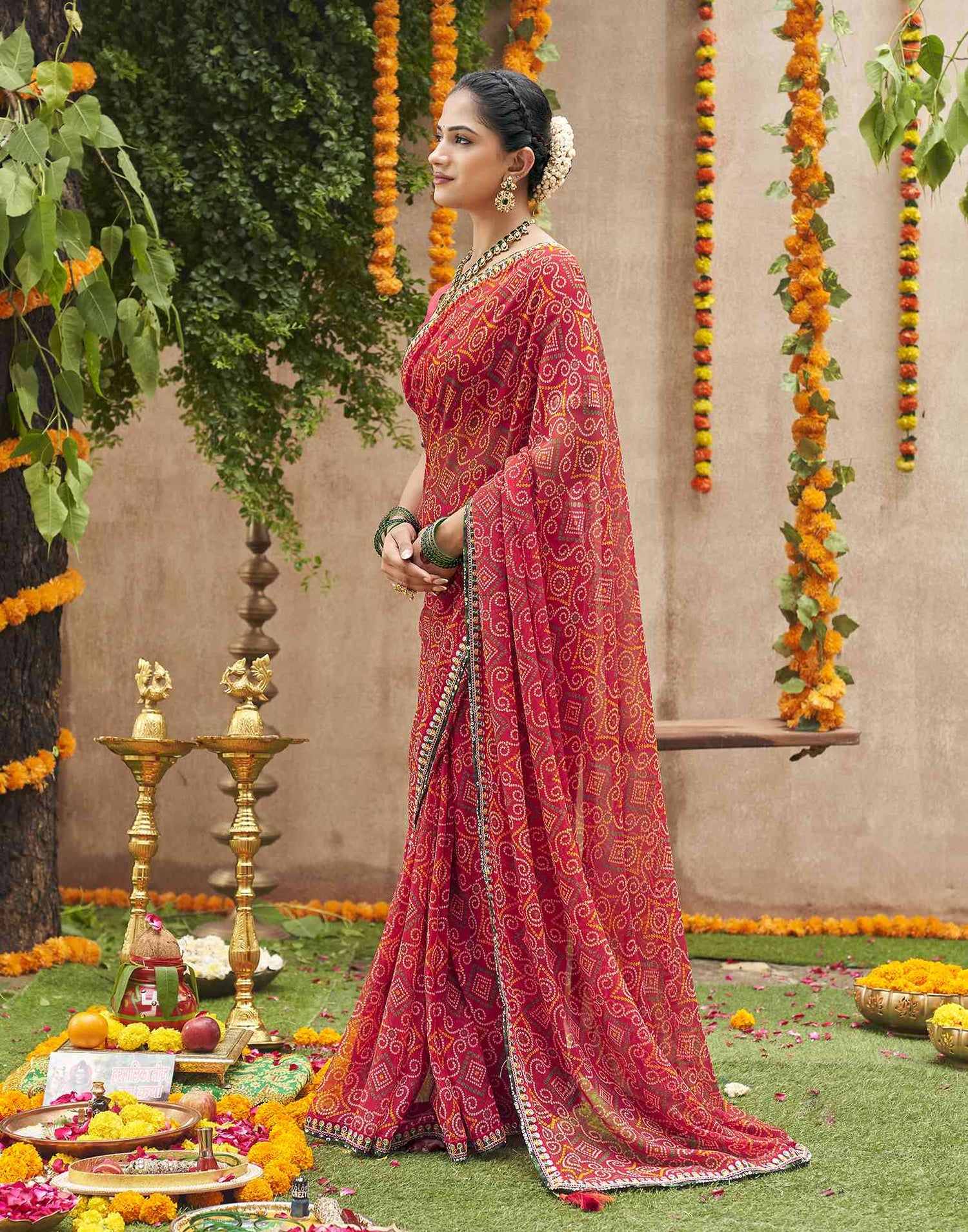 Maroon Georgette Printed Bandhani Saree