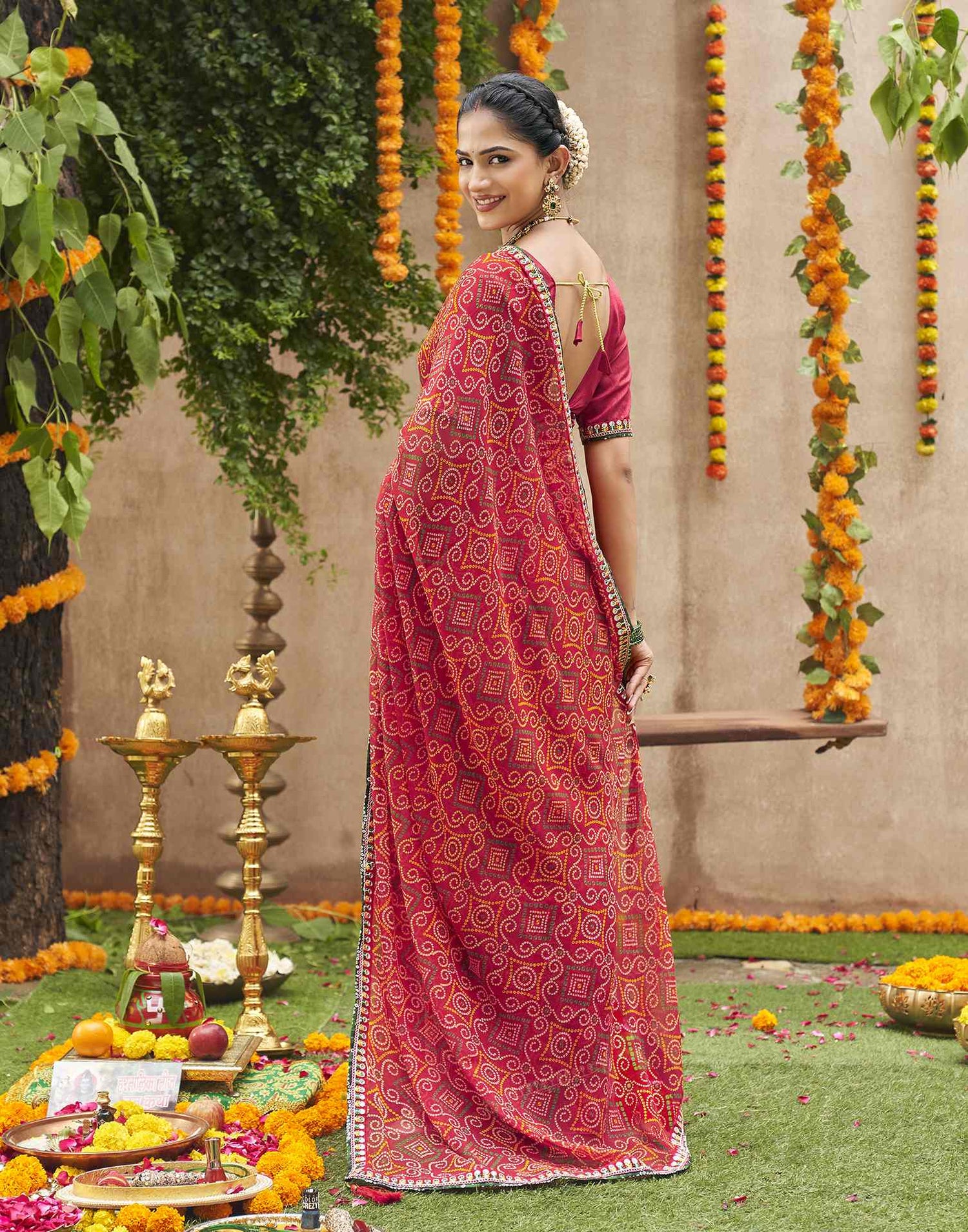 Maroon Georgette Printed Bandhani Saree