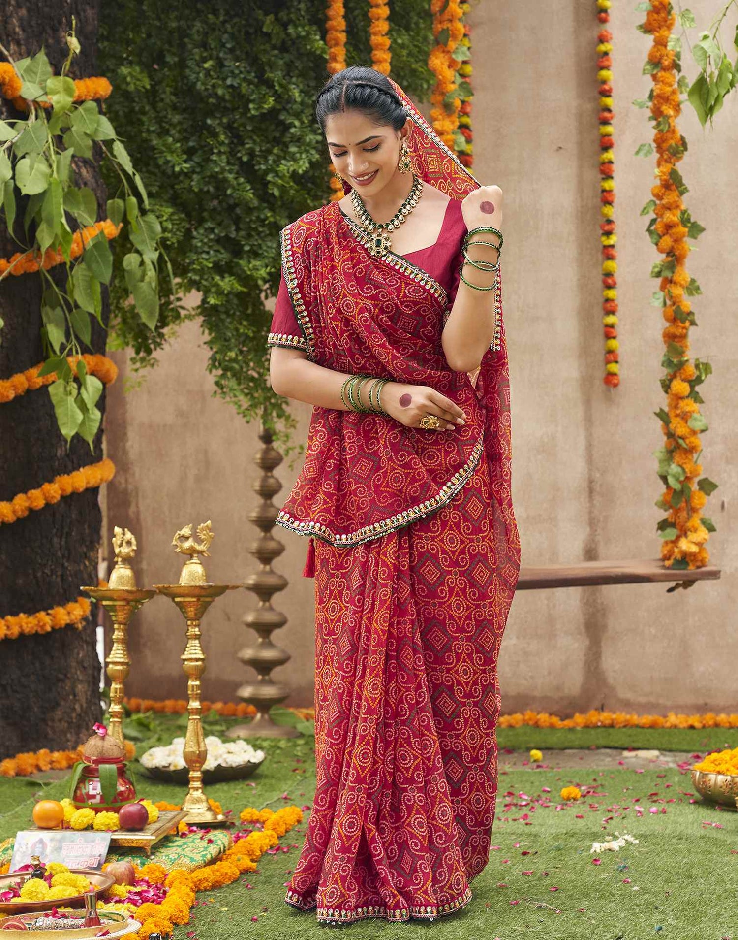 Maroon Georgette Printed Bandhani Saree