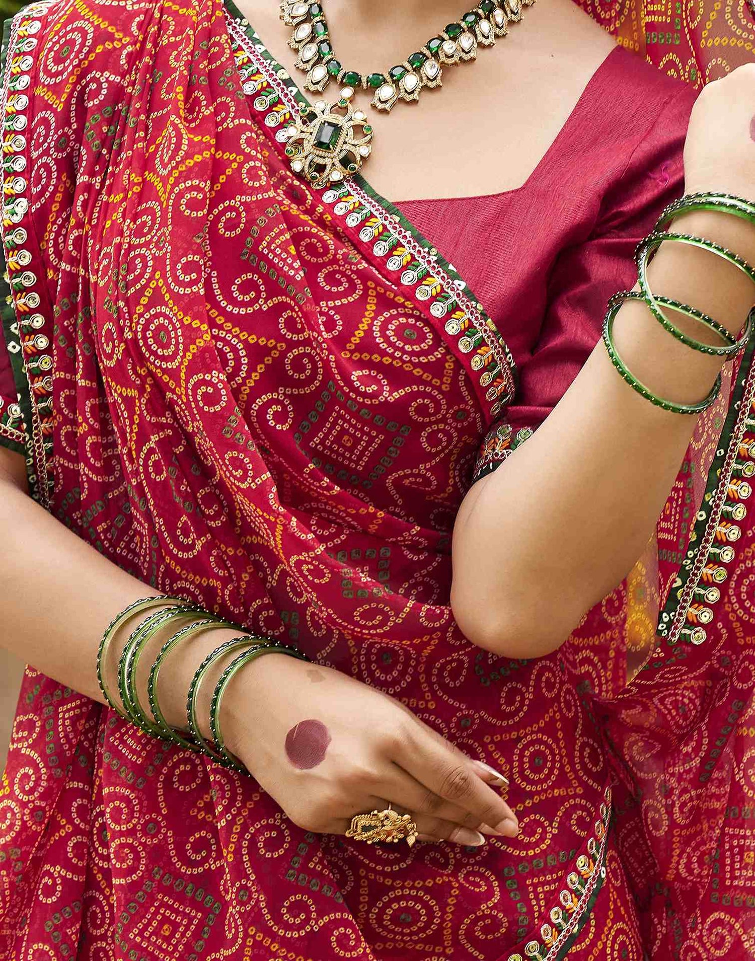 Maroon Georgette Printed Bandhani Saree