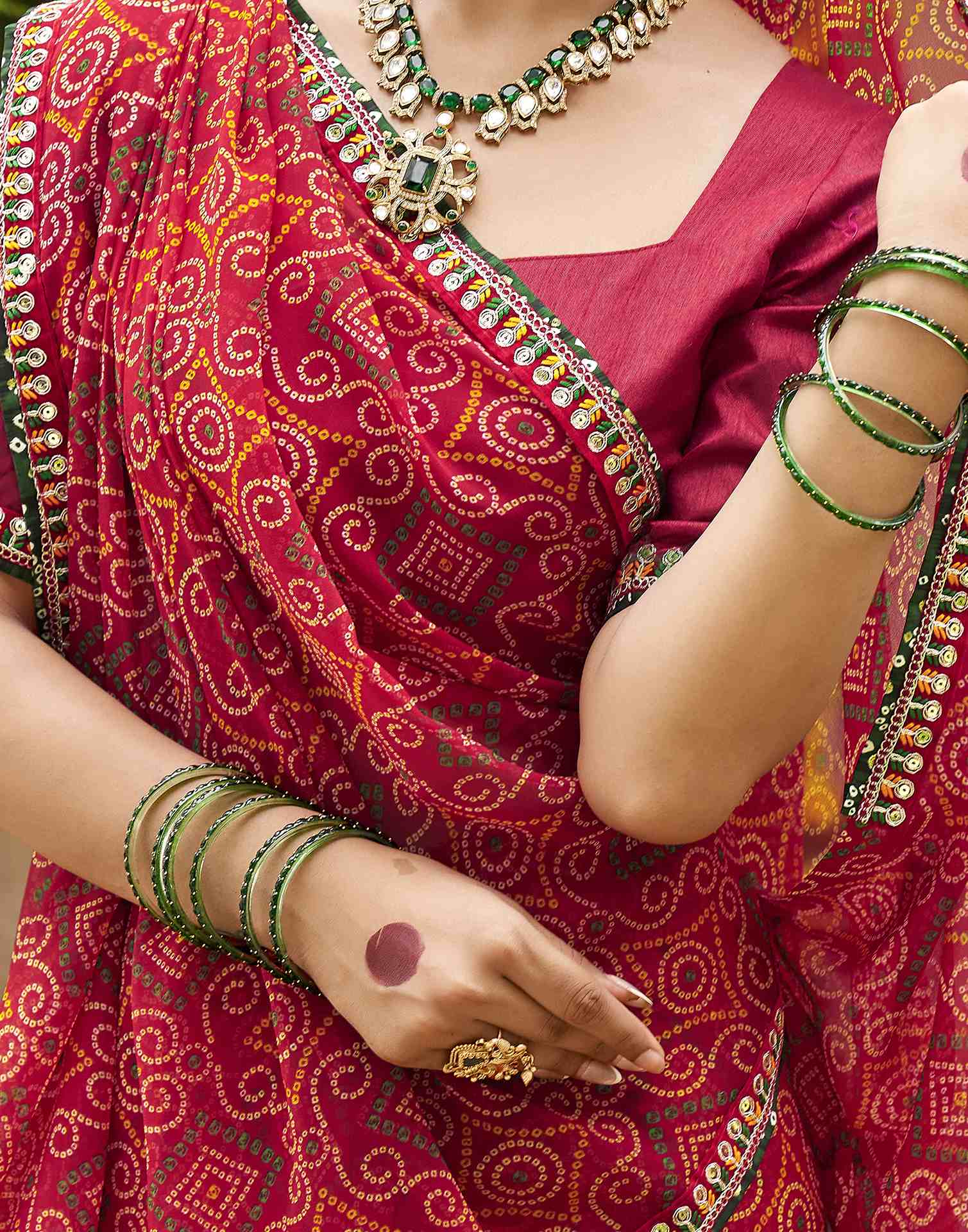 Maroon Georgette Printed Bandhani Saree