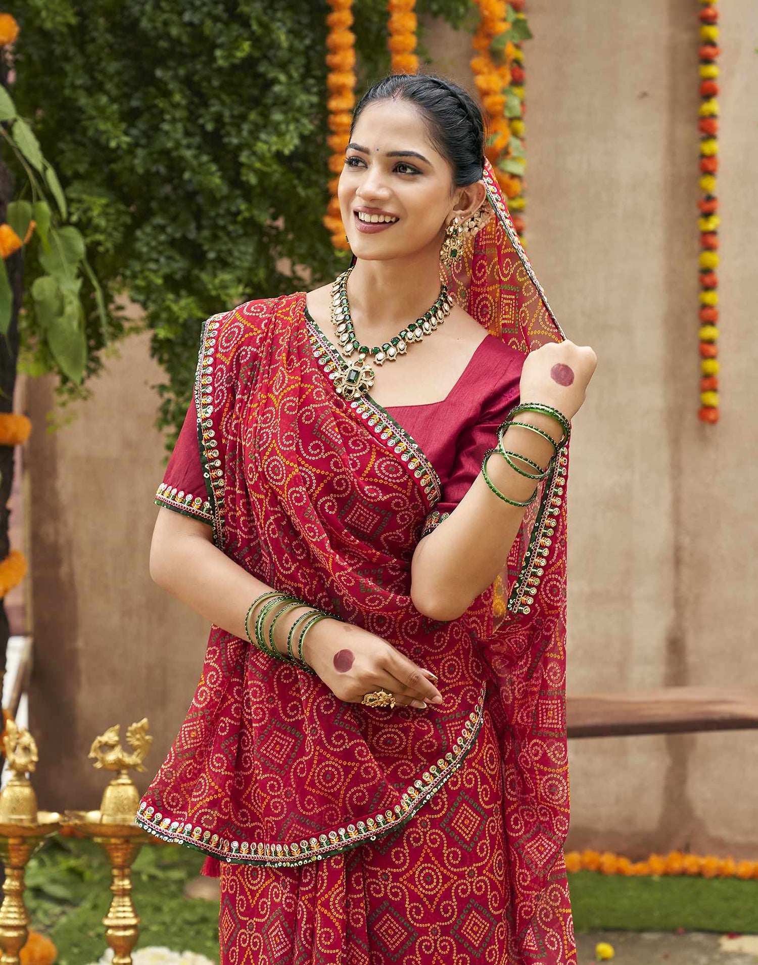 Maroon Georgette Printed Bandhani Saree