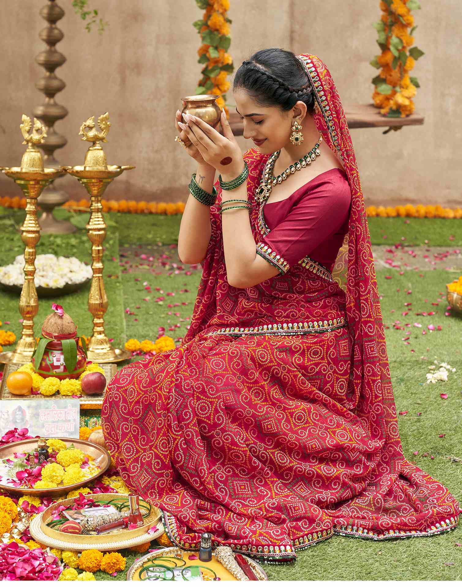 Maroon Georgette Printed Bandhani Saree