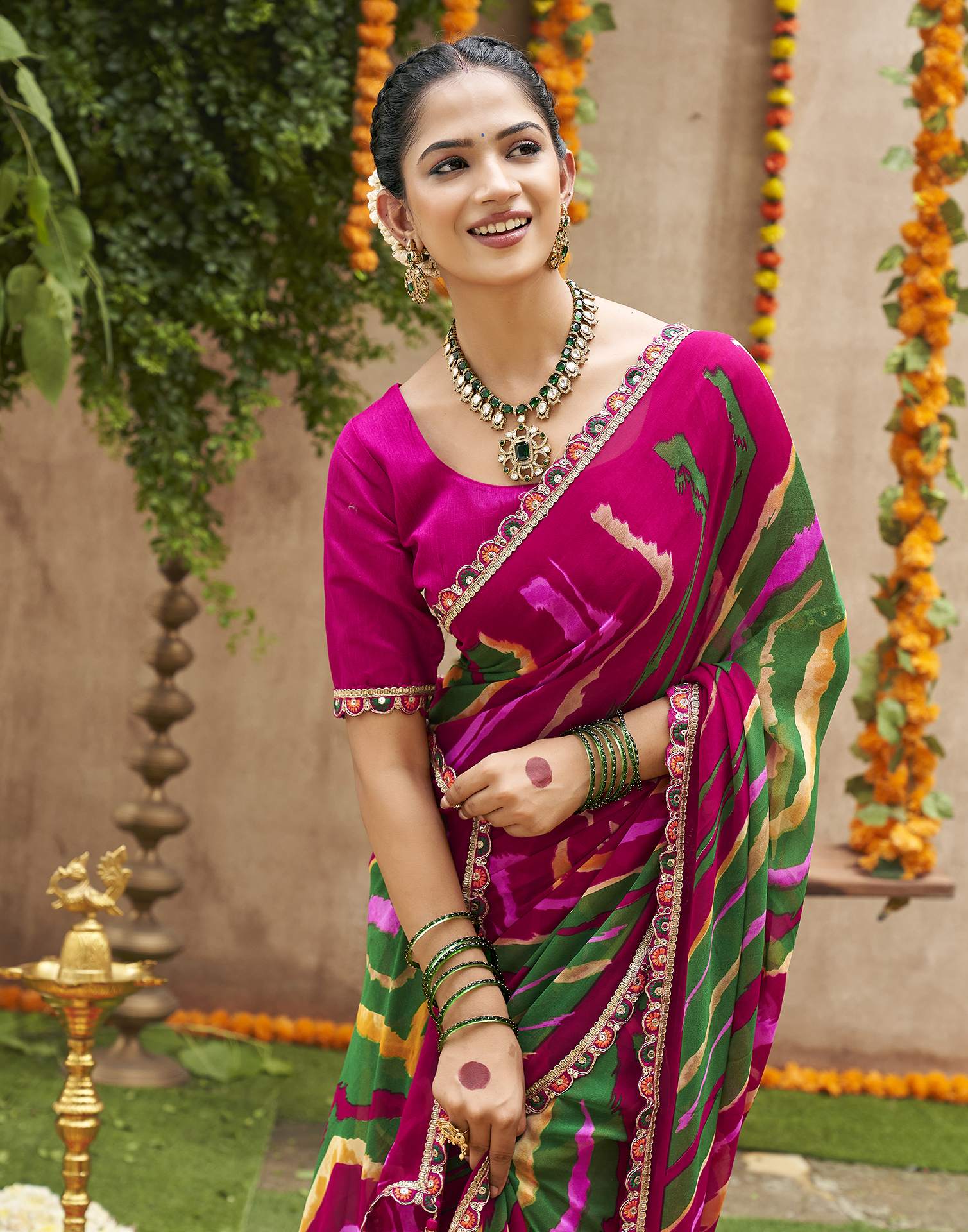 Multicoloured Georgette Printed Bandhani Saree