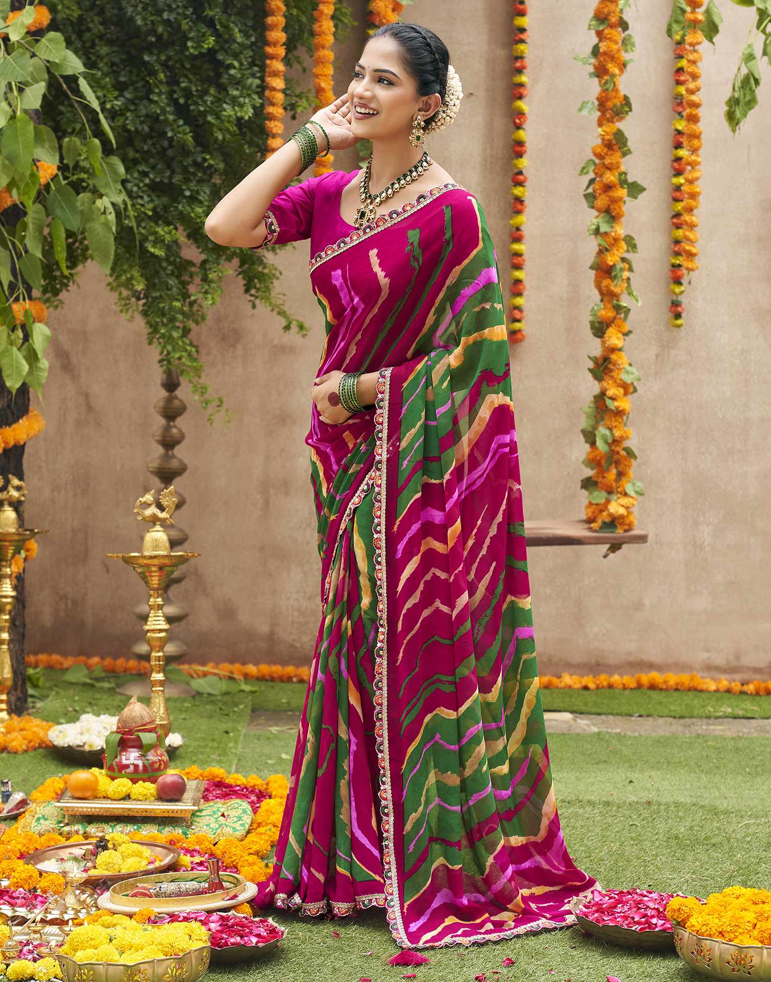 Multicoloured Georgette Printed Bandhani Saree