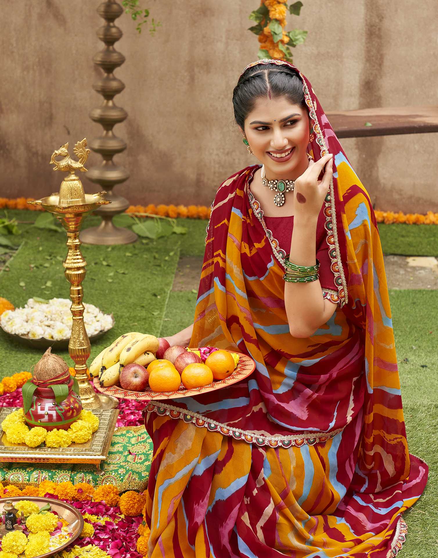 Multicoloured Georgette Printed Bandhani Saree