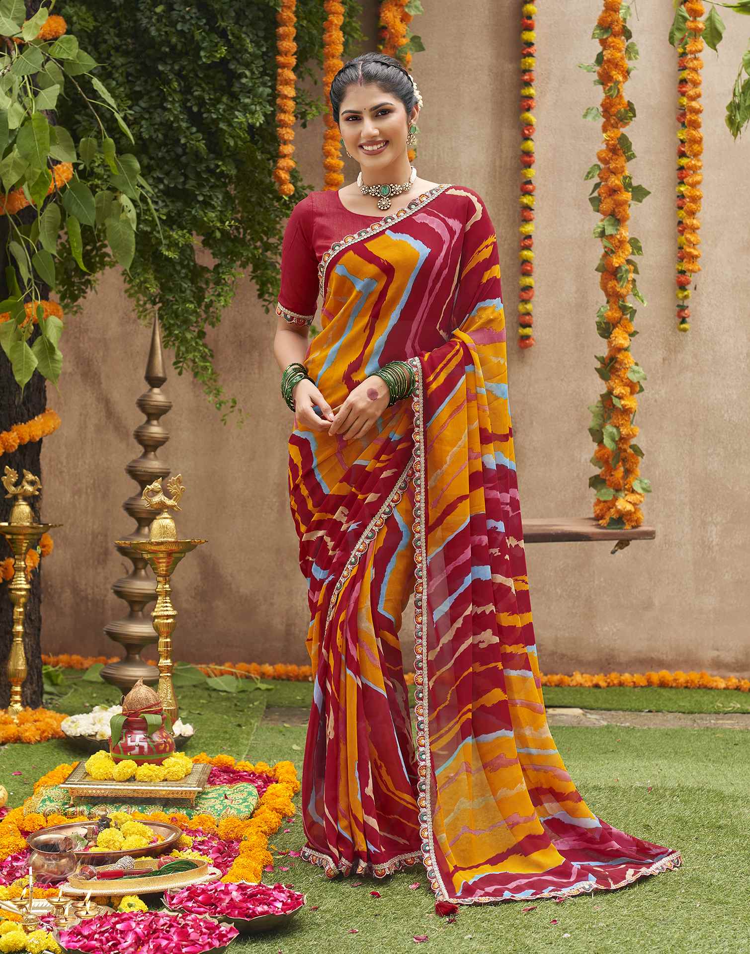 Multicoloured Georgette Printed Bandhani Saree
