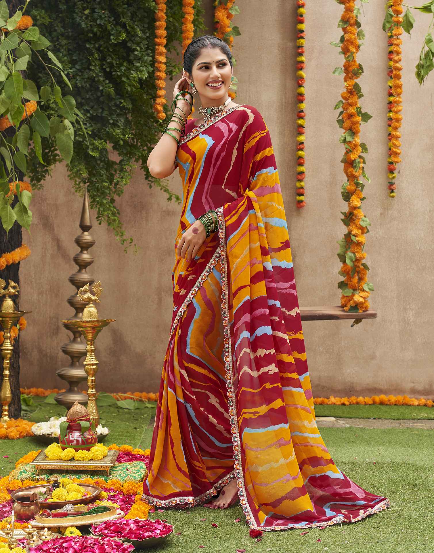 Multicoloured Georgette Printed Bandhani Saree