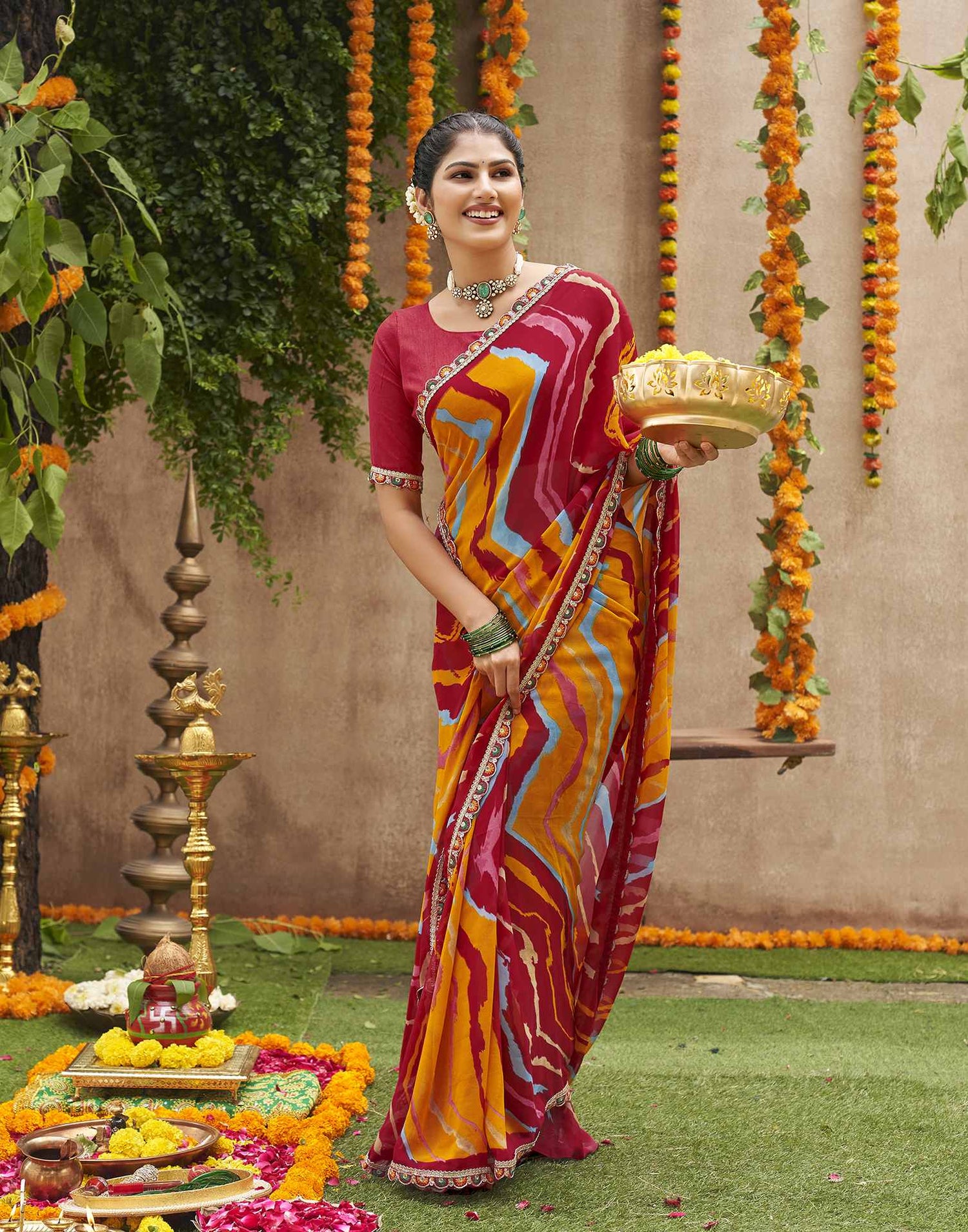 Multicoloured Georgette Printed Bandhani Saree